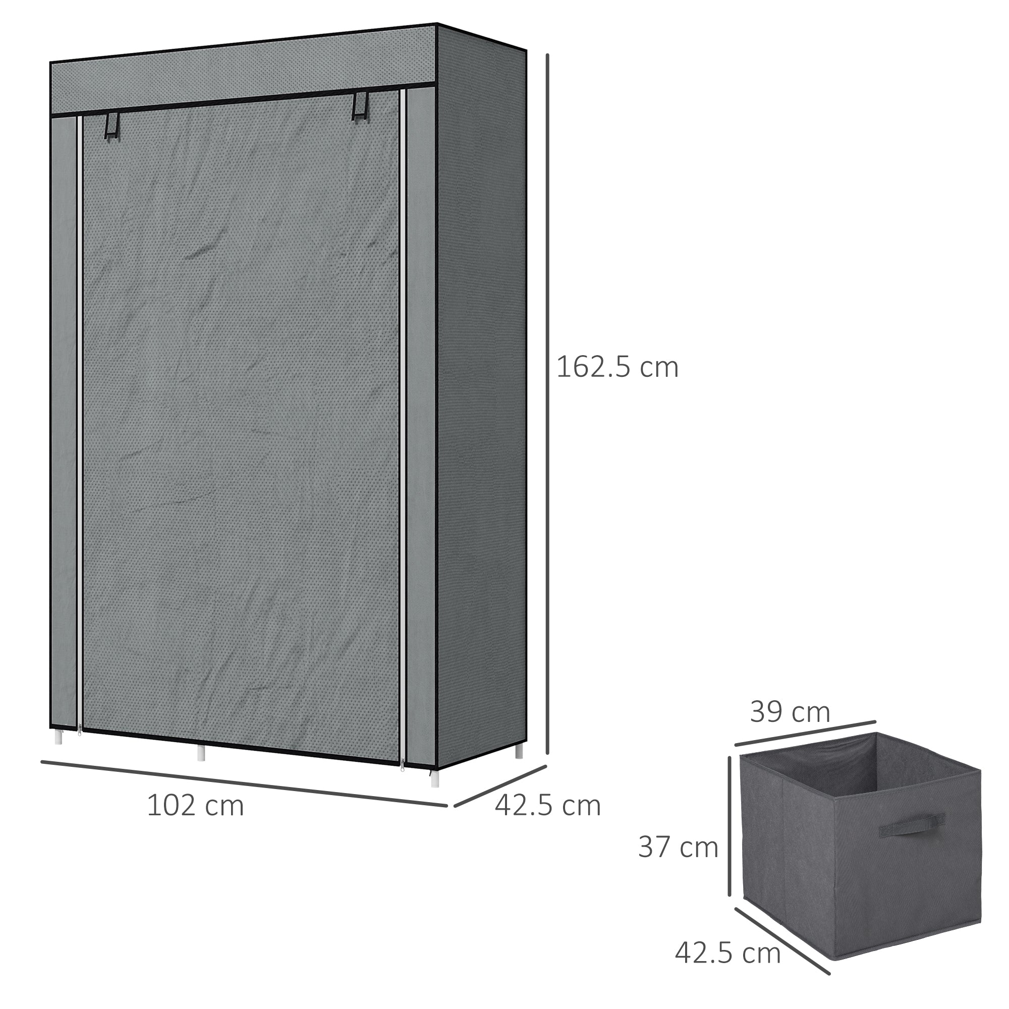HOMCOM Fabric Wardrobe, Portable Wardrobe, Clothes Storage Unit with 5 Compartments, Hanging Rail and 2 Fabric Drawers, 102 x 42.5 x 162.5cm, Dark Grey - North Peak Garden Furniture