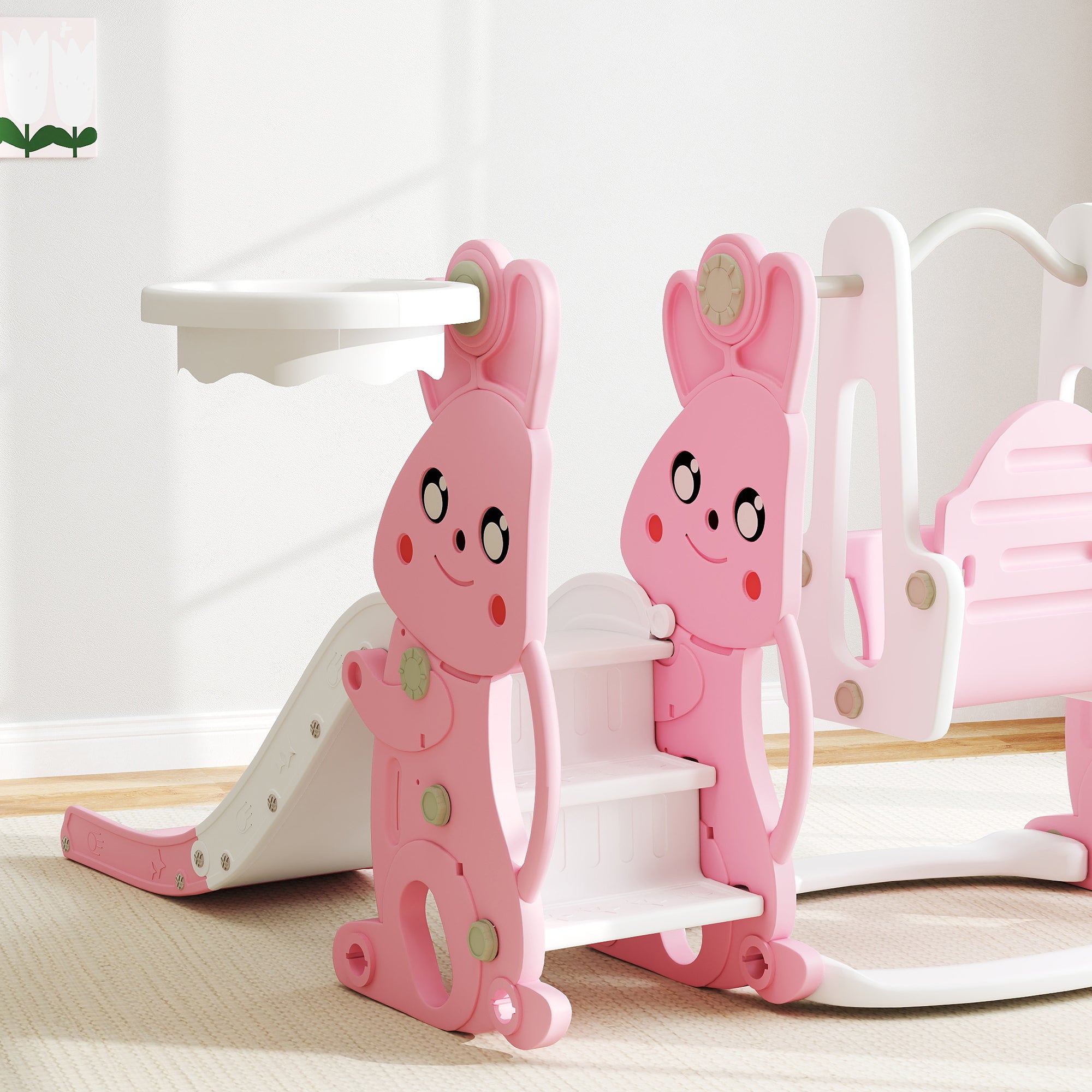 AIYAPLAY 4 in 1 Kids Slide and Swing Set with Climber, Basketball Hoop, Rabbit-Themed, Pink - North Peak Garden Furniture