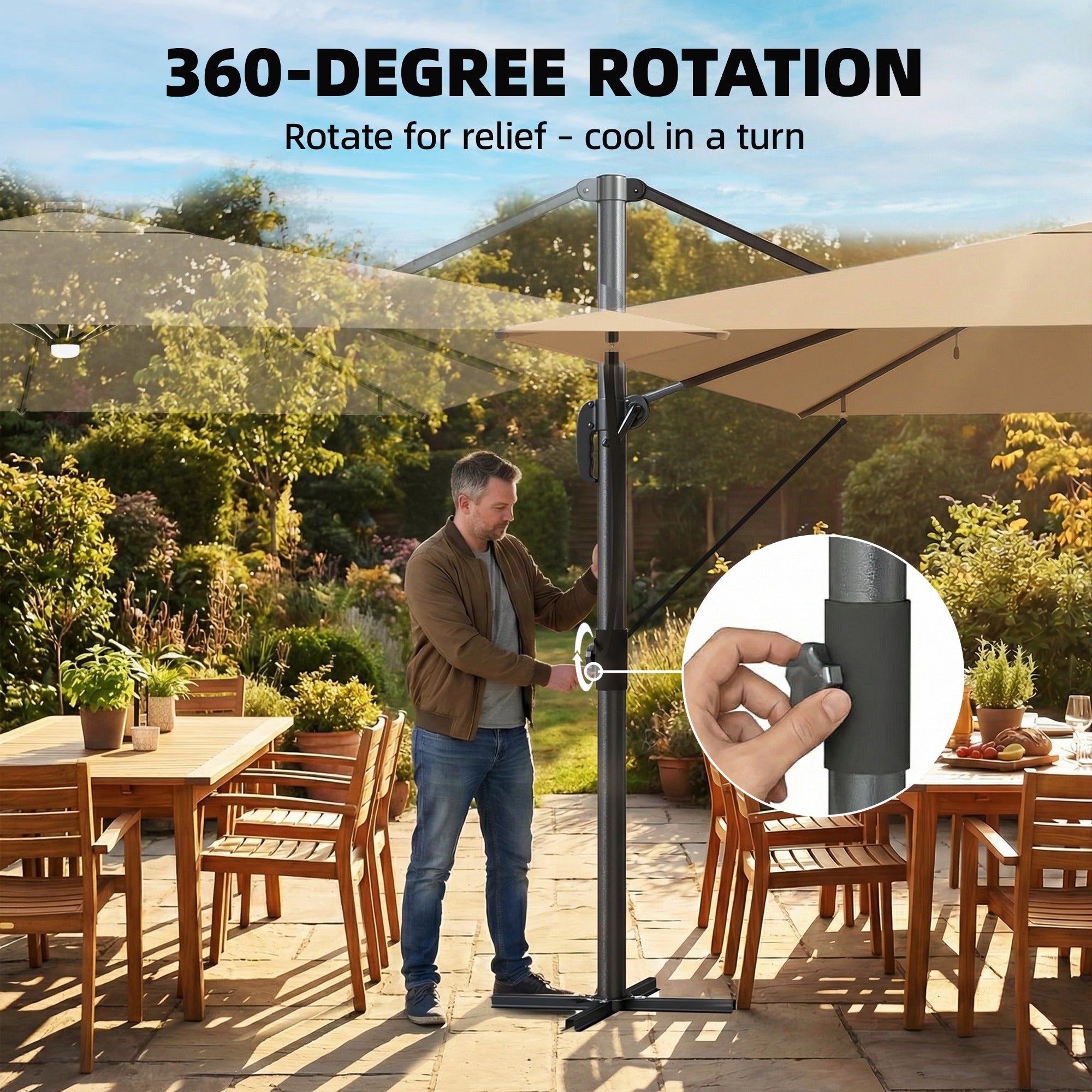 Outsunny 3 x 3 m Garden Cantilever Parasol with Light, Umbrella with Wind Protection, 360° Rotation, Khaki