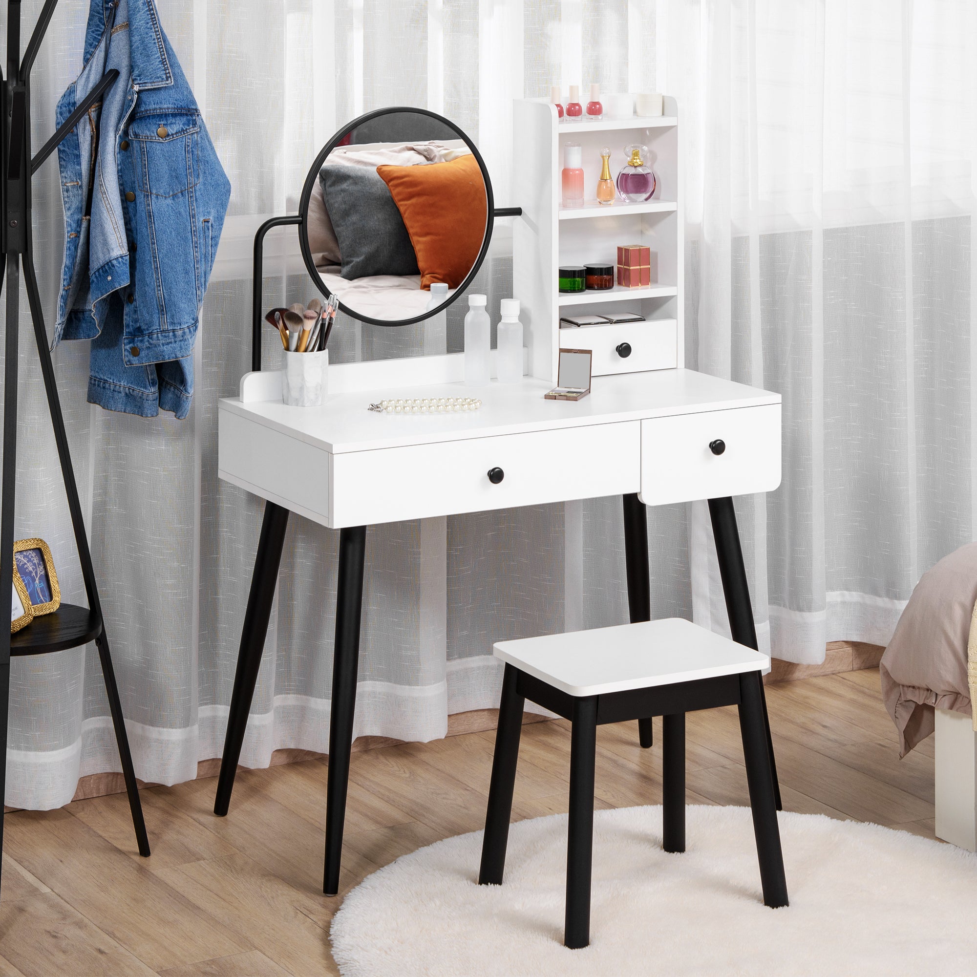HOMCOM Dressing Table Set with Mirror and Stool, Vanity Makeup Table with 3 Drawers and Open Shelves for Bedroom, Living Room, White - North Peak Garden Furniture