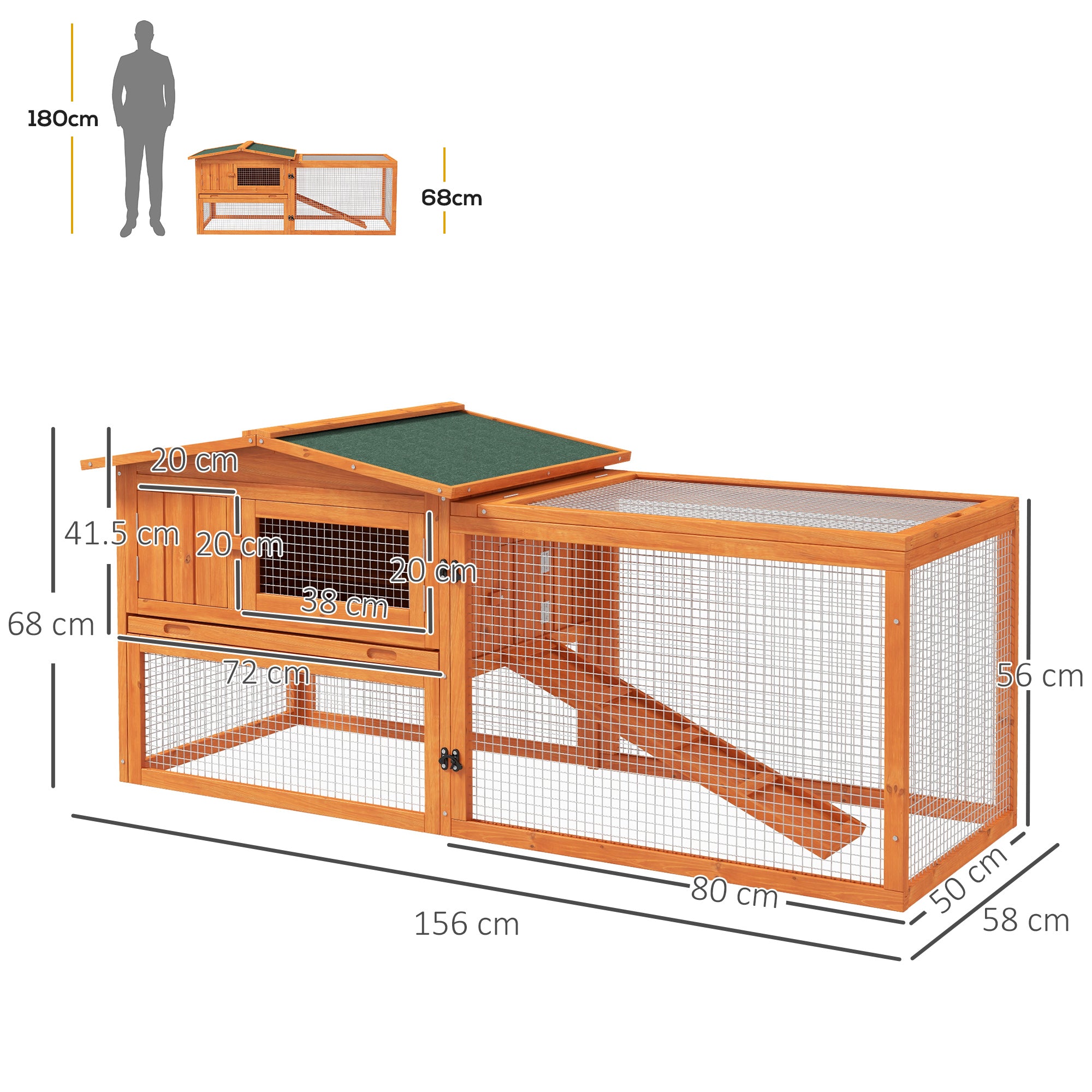 PawHut Rabbit Hutch with Run Wooden Guinea Pig Hutch Outdoor Bunny Cage Hide House with Sliding Tray, Hay Rack, Ramp, 156 x 58 x 68cm, Orange - North Peak Garden Furniture