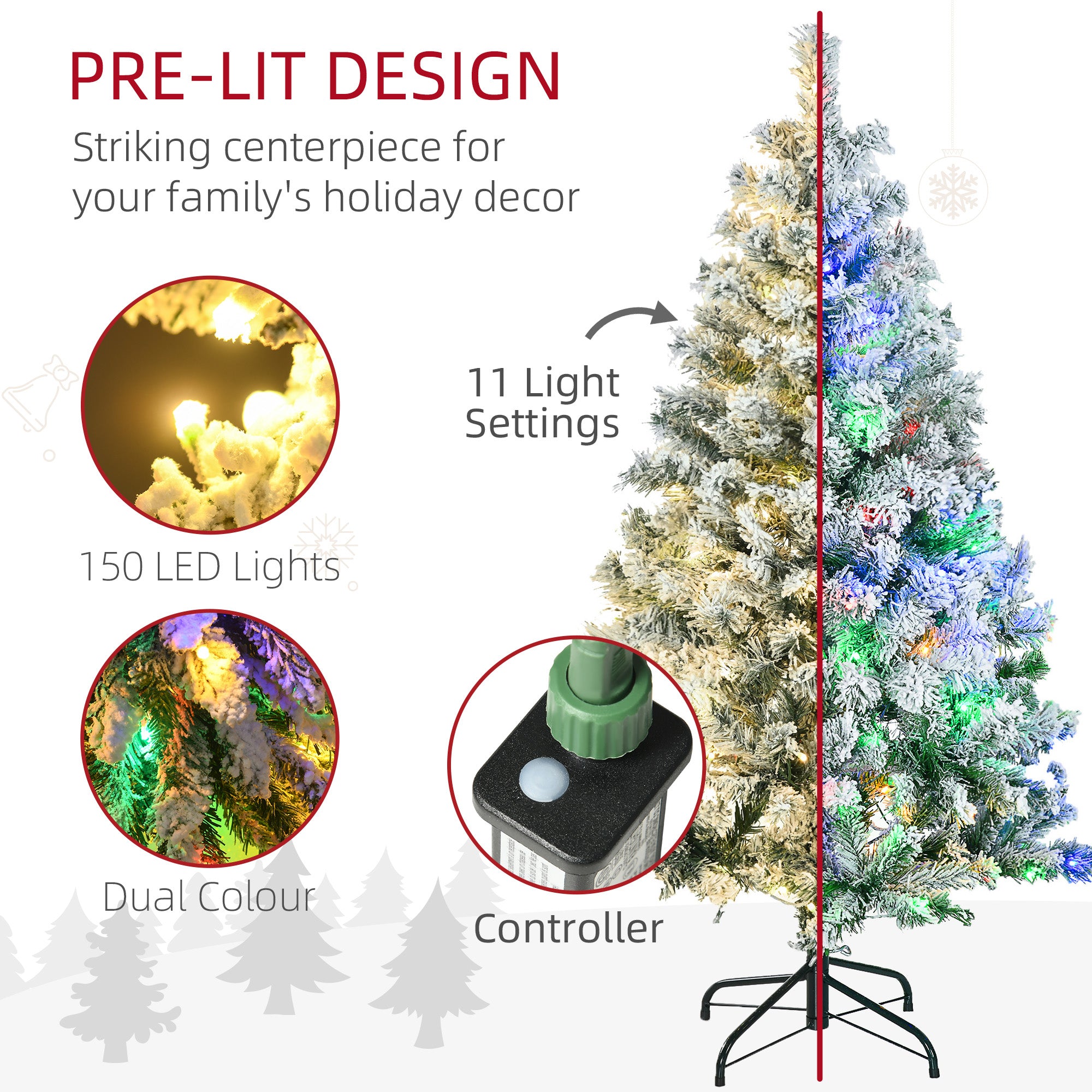 HOMCOM 4.5' Artificial Snow Christmas Trees with Frosted Branches, Warm White or Colourful LED Lights, Steel Base - North Peak Garden Furniture