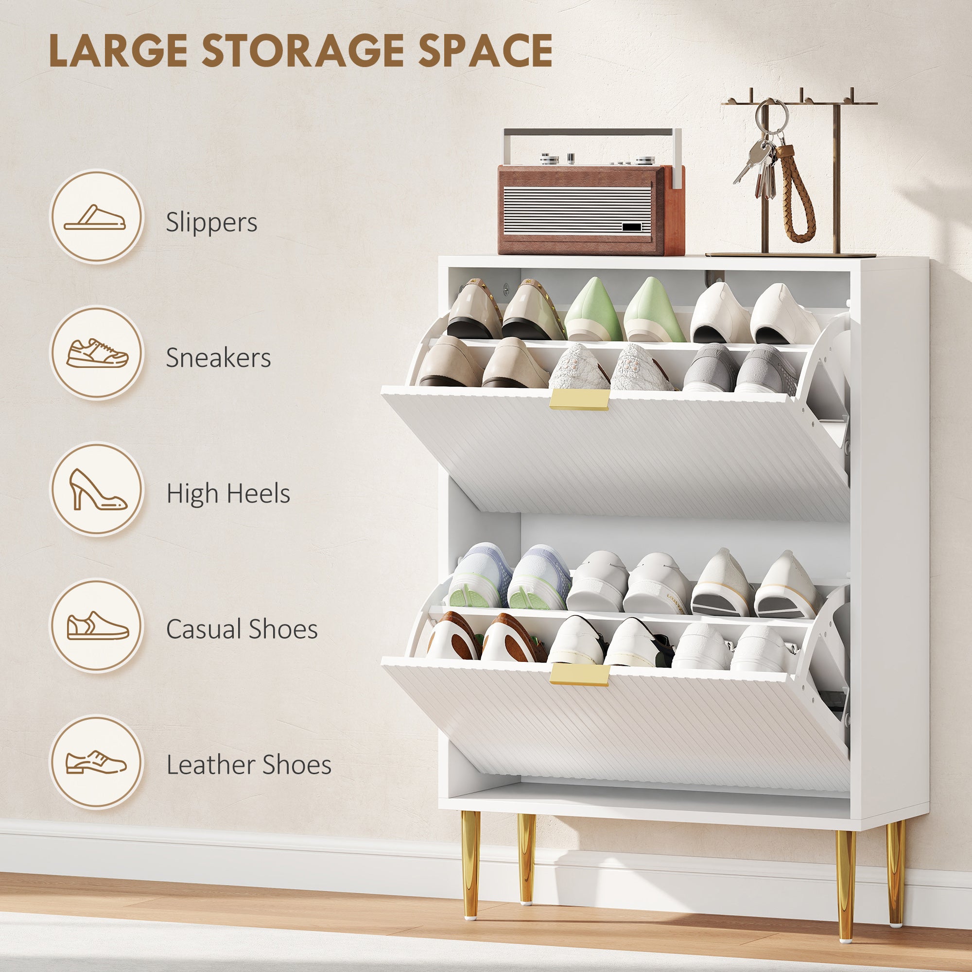 HOMCOM Elegant Two-Drawer Shoe Cabinet - White