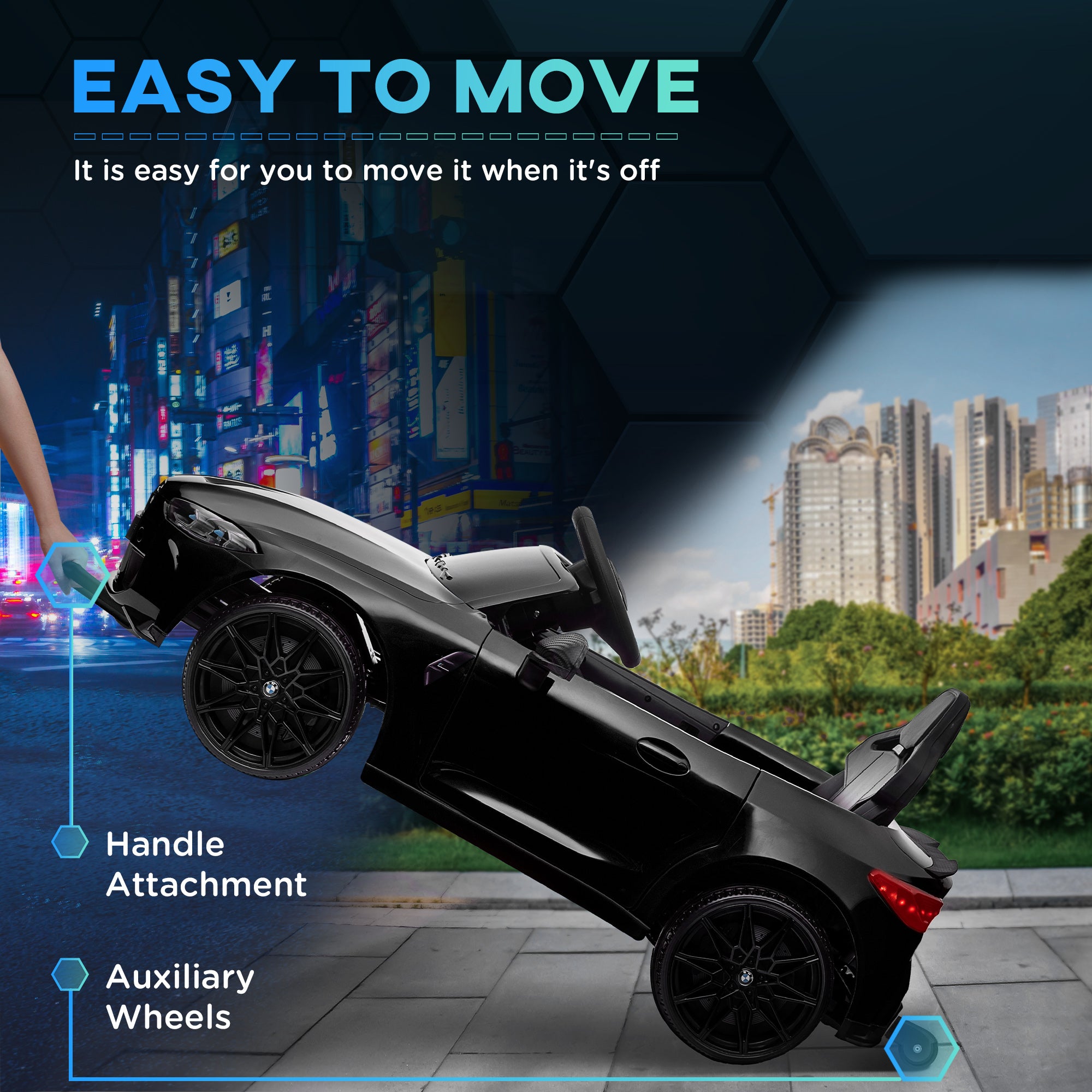 AIYAPLAY 12V BMW Licensed Kids Car, with Easy Transport, Remote Control, Suspension, Music, Horn, LED Lights, Black - North Peak Garden Furniture