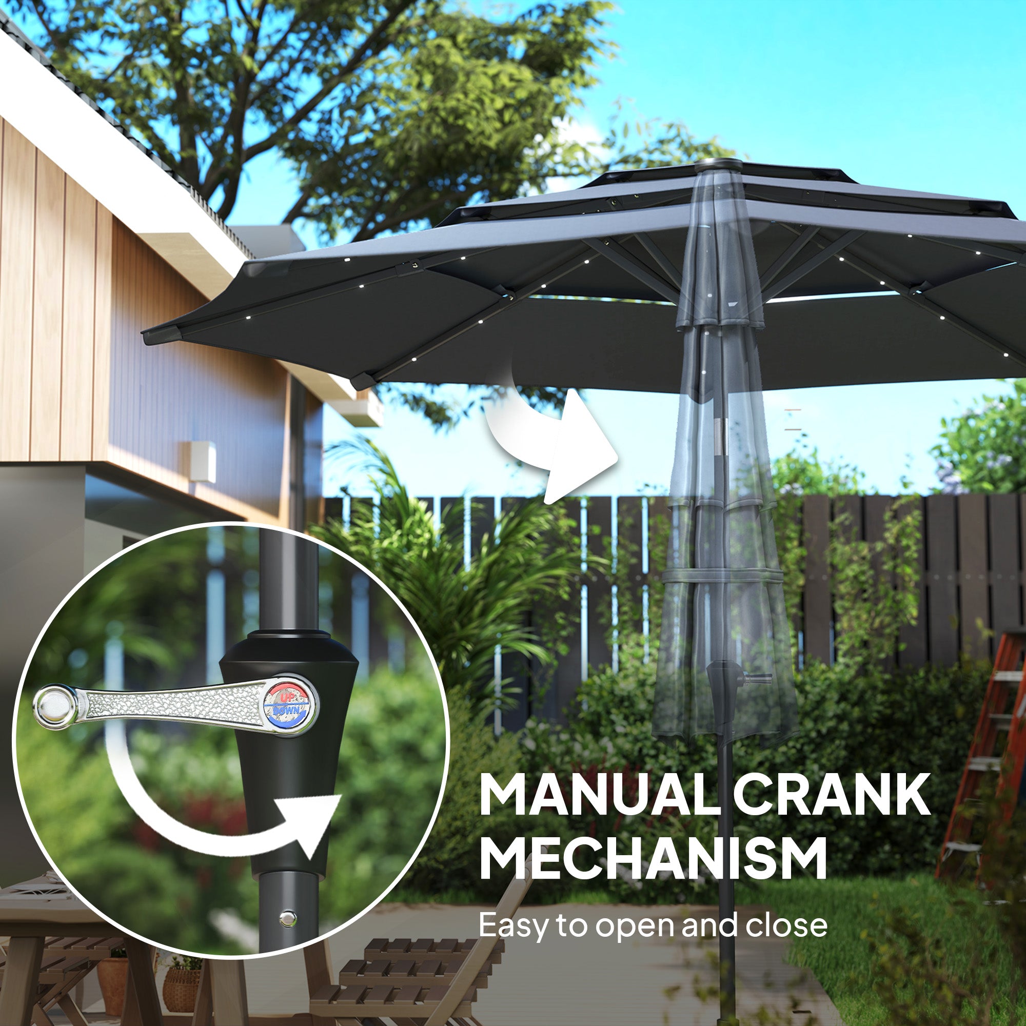 Outsunny 3-Tier Garden Parasol with Solar LED Lights, UPF 30+, Tilt Mechanism & Crank Handle, for Market Terrace, Dark Grey - North Peak Garden Furniture