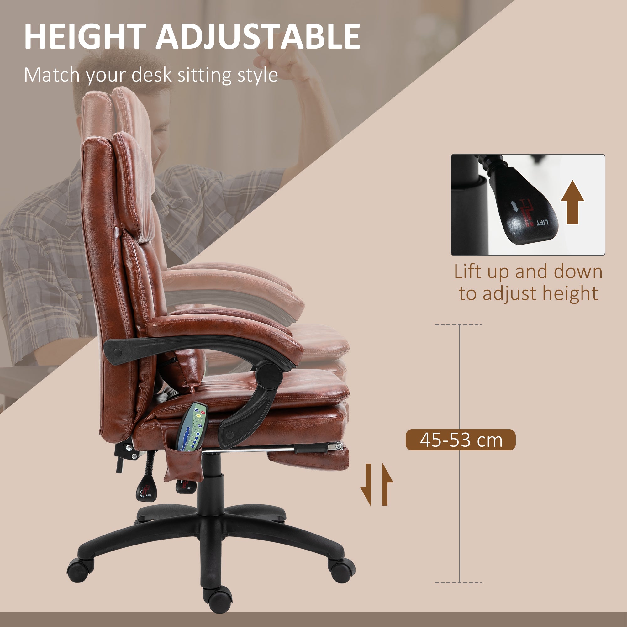Vinsetto PU Leather Office Chair with 7 Point Vibrating Massage, Computer Desk Chair with Footrest, Adjustable Height, Reclining Back, Brown - North Peak Garden Furniture