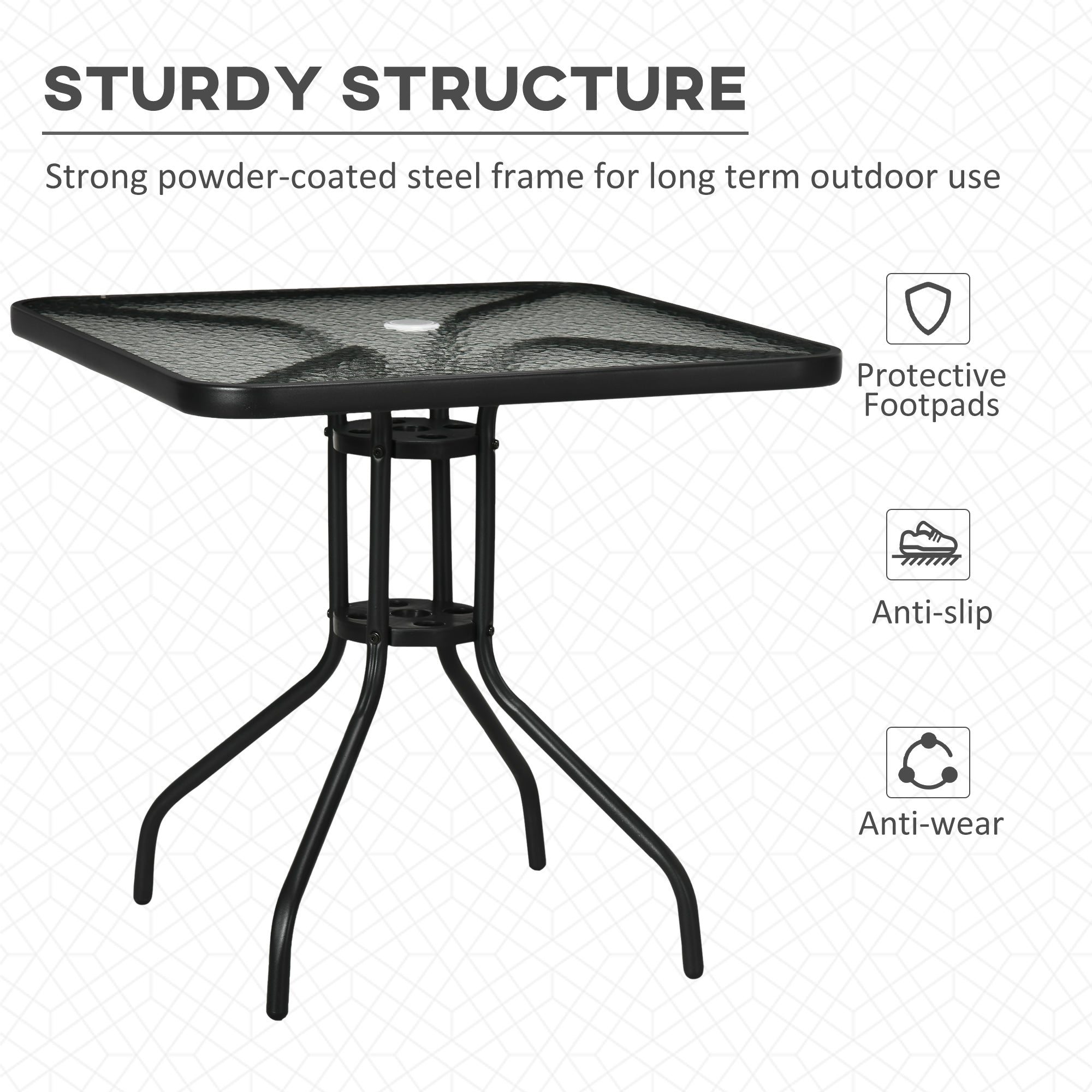 Outsunny Square Patio Table, Tempered Glass Top Bistro Table, Garden Dining Table, Outdoor Accent Coffee Table 76 x 76cm Steel Frame with Umbrella Hole