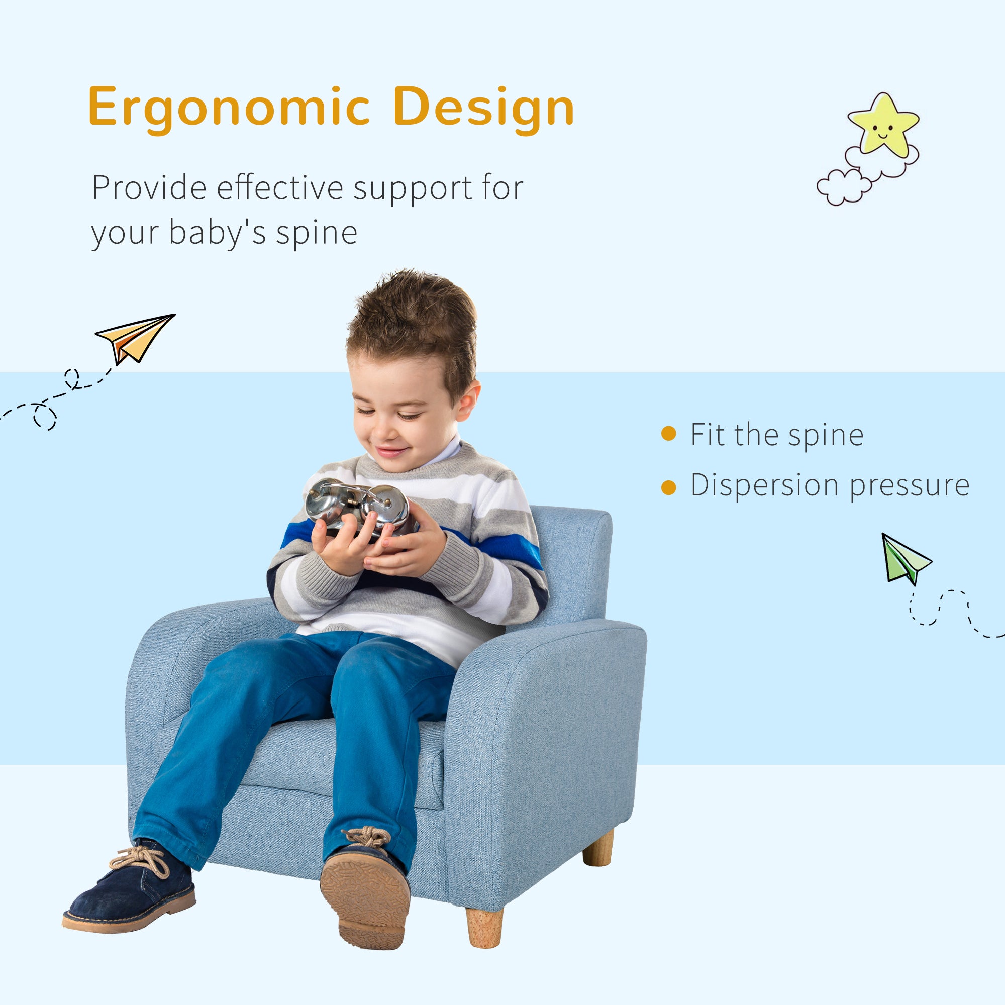 HOMCOM Children's Armchairs Toddler Chair Wood Frame Anti-Slip Legs High Back Bedroom Playroom Furniture Blue - North Peak Garden Furniture