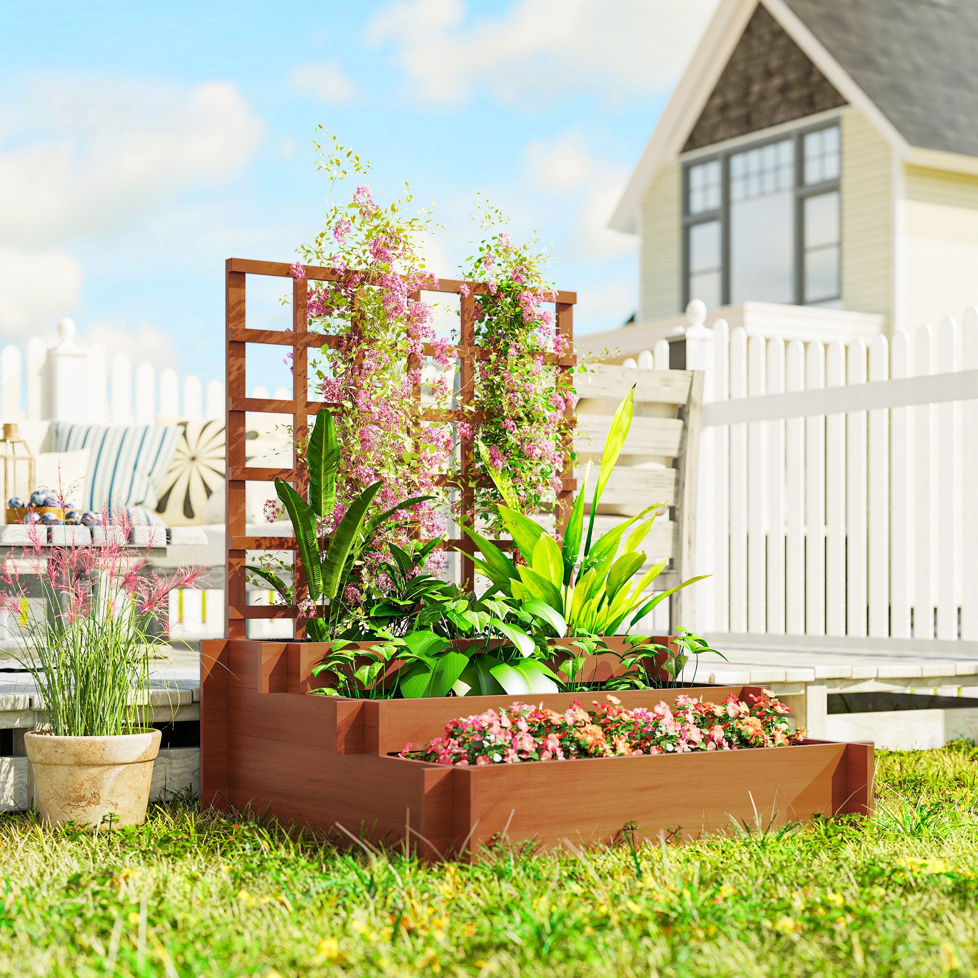Outsunny 3 Tier Garden Planters with Trellis for Vine Climbing, Wooden Raised Beds, 95x95x110cm, Brown