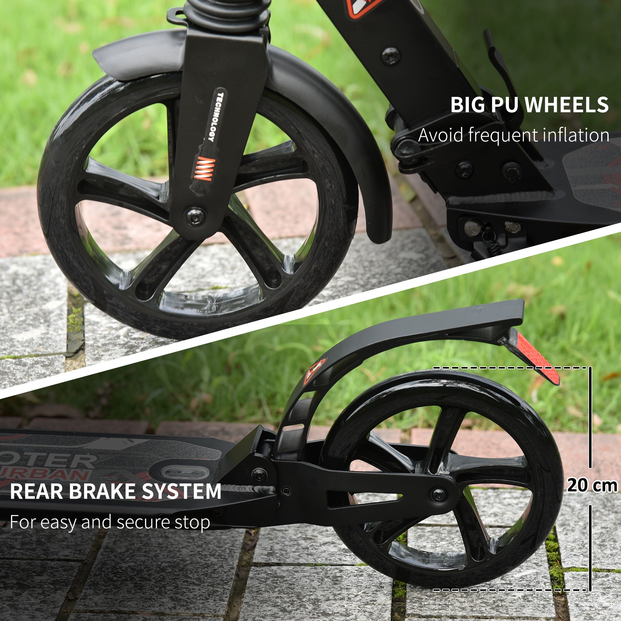 HOMCOM Folding Kick Scooter 2 Big Wheels Teens Adult 14+ Adjustable Ride On Black - North Peak Garden Furniture
