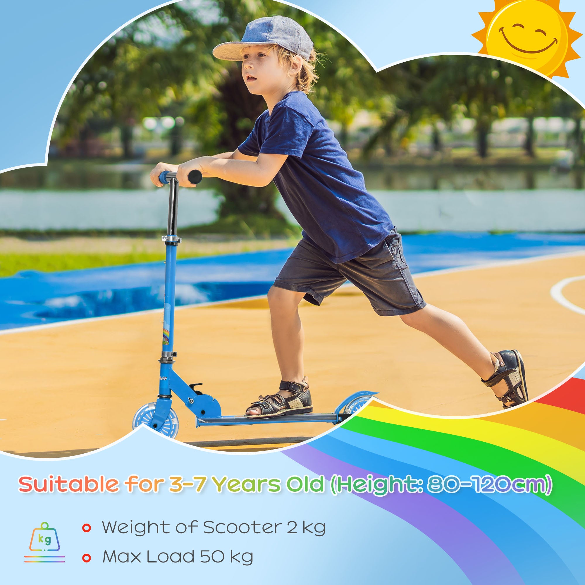 HOMCOM Kids Scooter, with Lights, Music, Adjustable Height, Foldable Frame, for Ages 3-7 Years - Blue - North Peak Garden Furniture