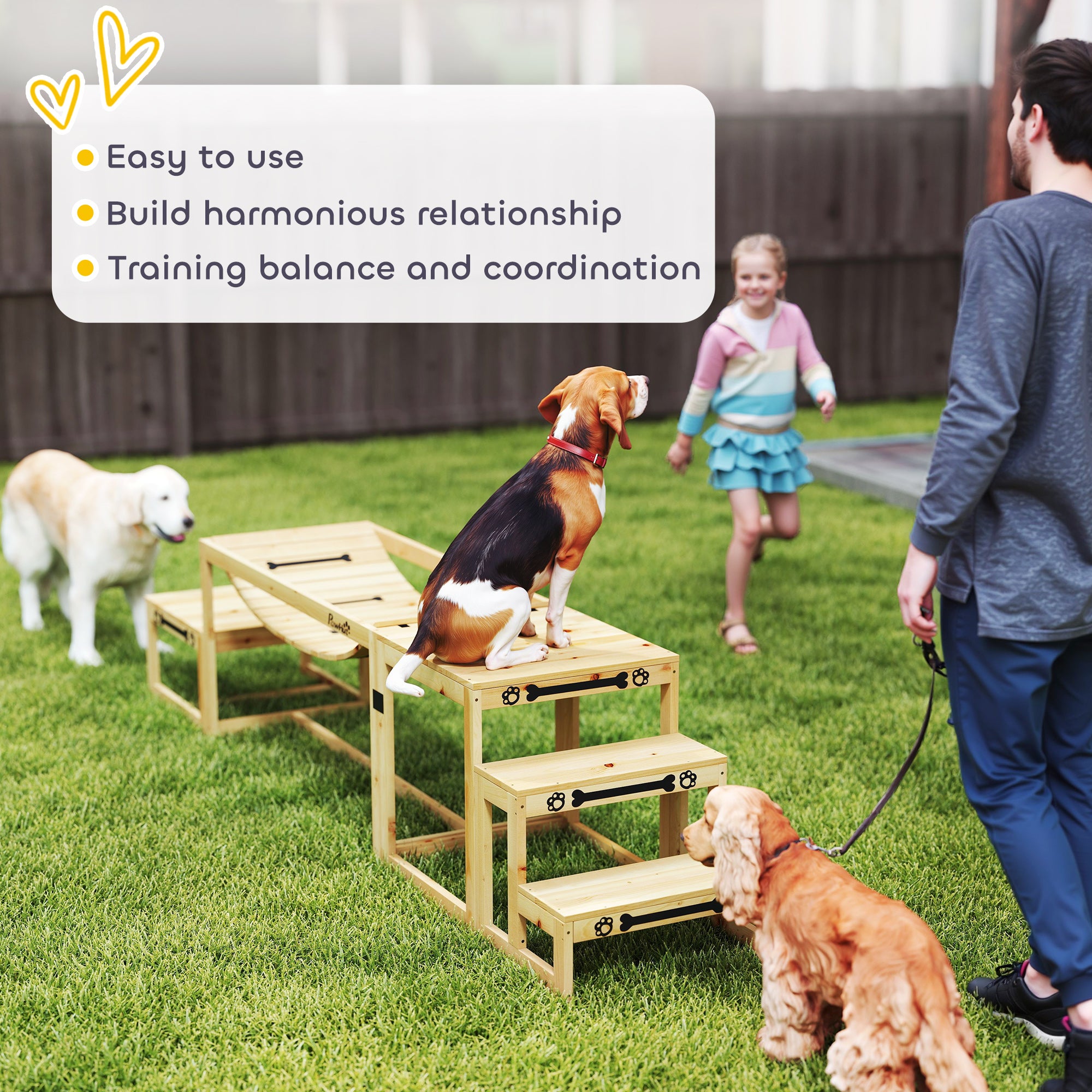 PawHut 3 Pieces Wooden Dog Agility Training Equipment with Soft Bridge, Pause Platform and Pet Stair for Outdoor, Natural Wood
