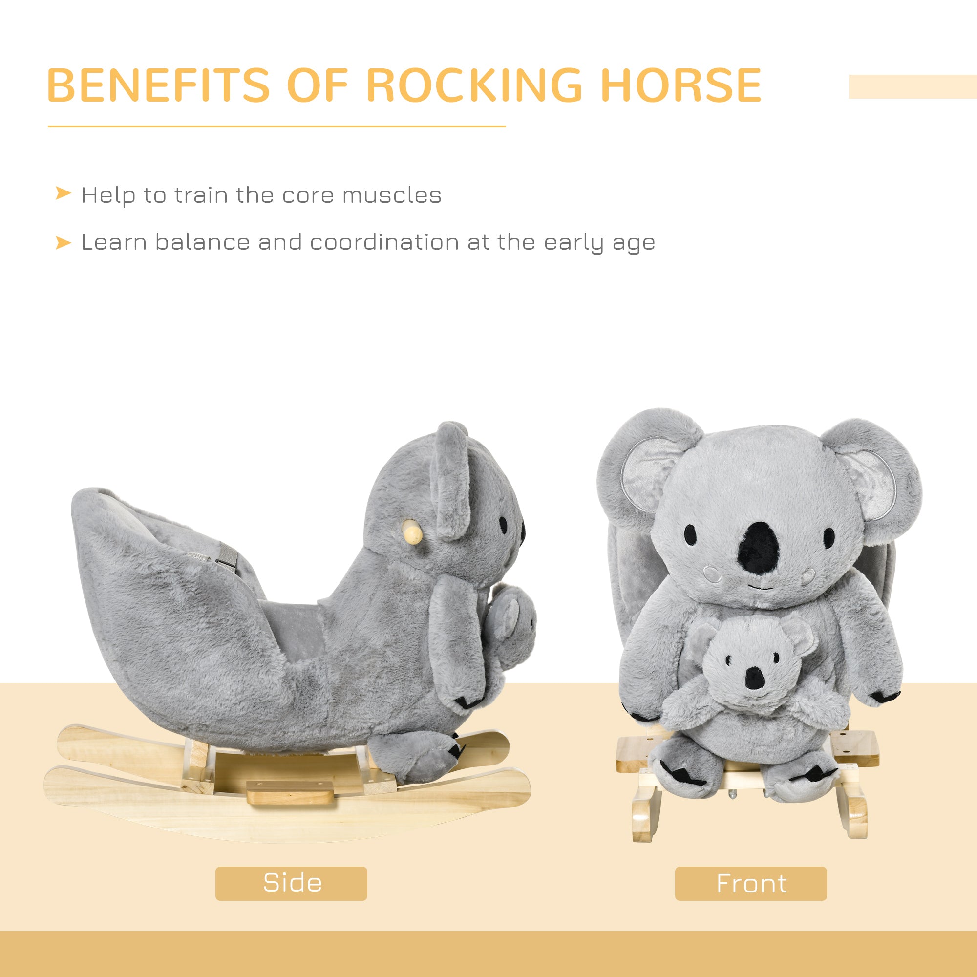 HOMCOM Kids Toddler Rocking Horse Plush Ride On Koala Rocker Wooden Base Seat Safety Belt w/ Gloved Doll Toy for 18-36 Months Grey