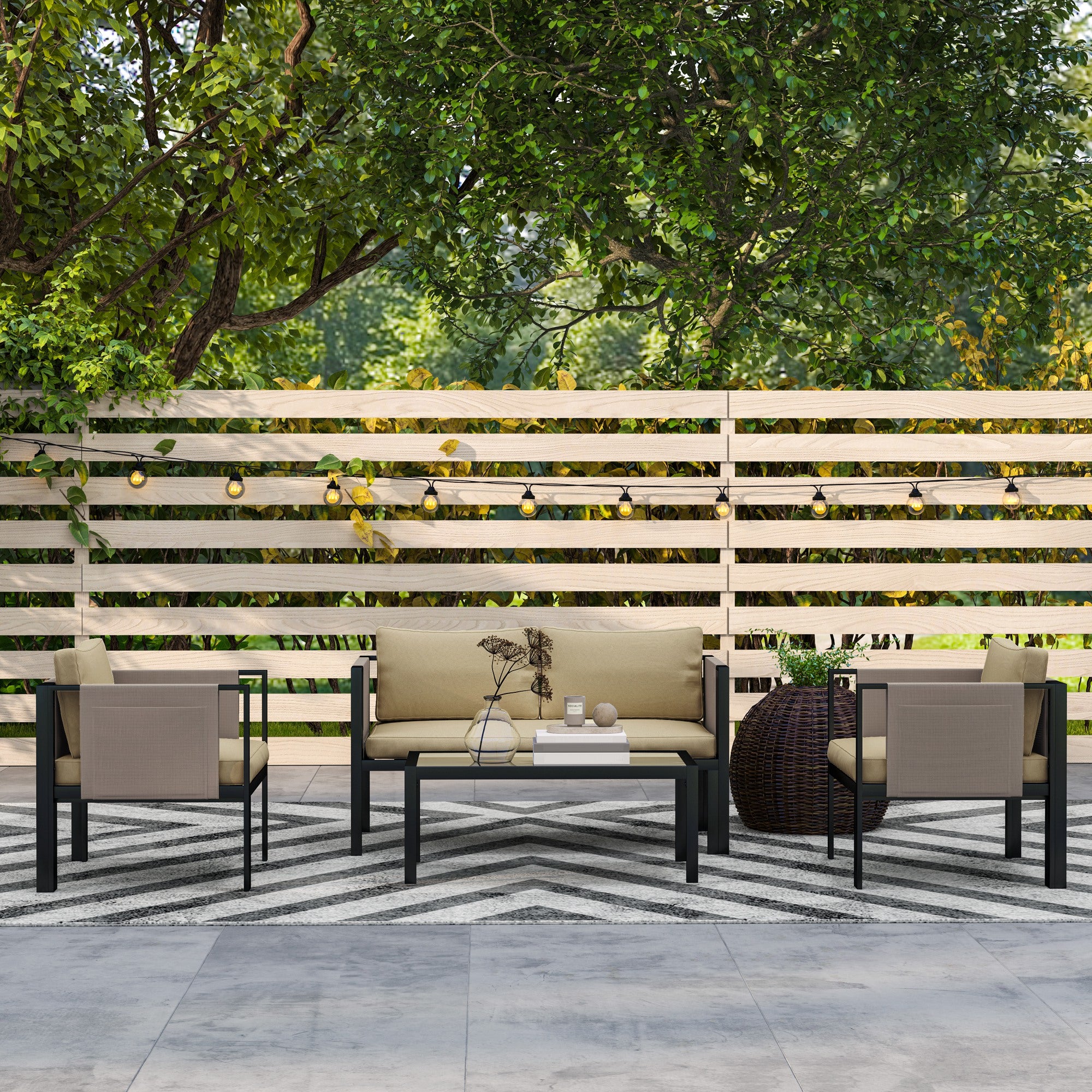 Outsunny 4 Piece Metal Garden Furniture Set with Tempered Glass Coffee Table, Texteline Pocket, Outdoor Set Loveseat Single Armchairs with Padded Cushions, Khaki - North Peak Garden Furniture