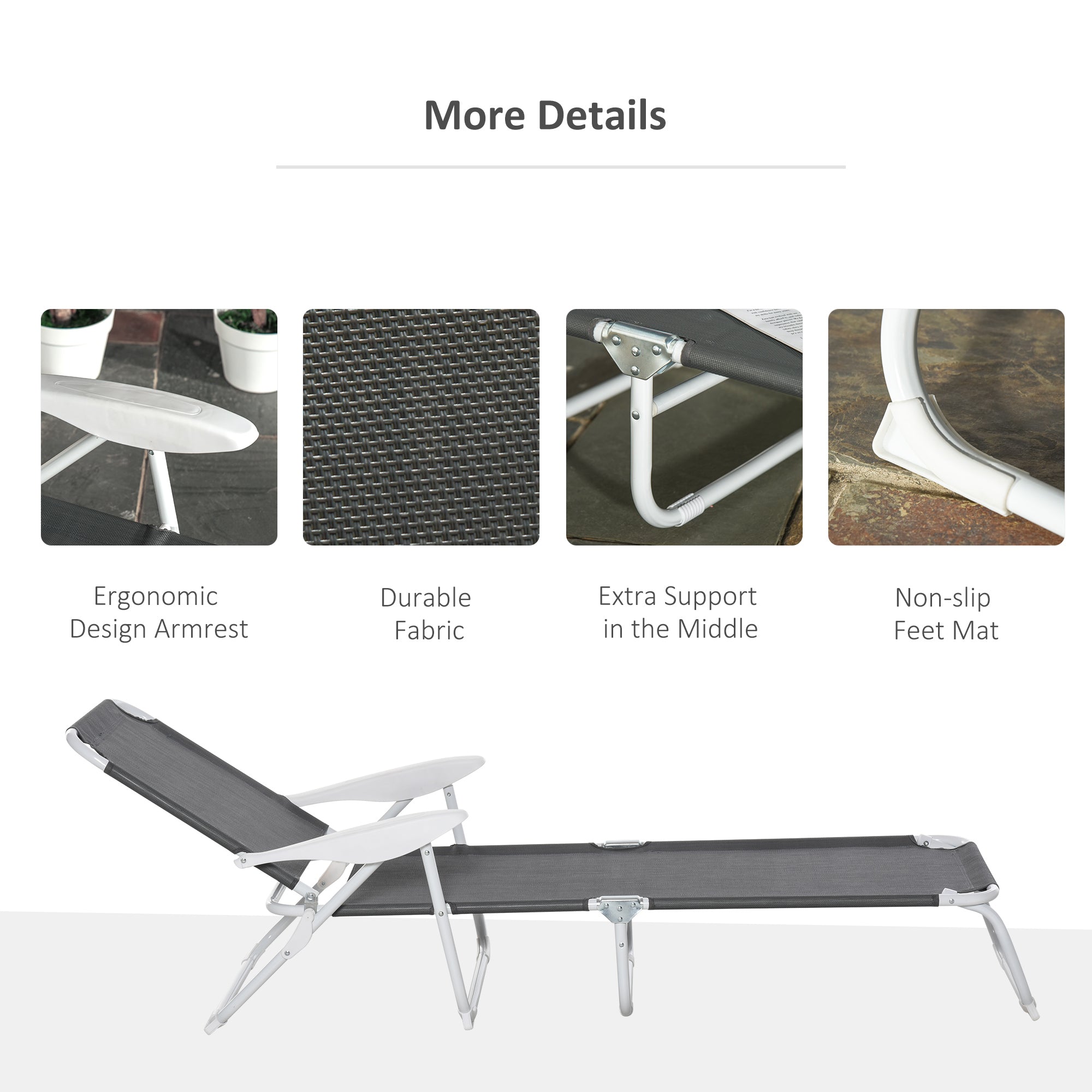 Outsunny Foldable Sun Lounger, Outdoor 4 Level Adjustable Backrest Reclining Lounge Chair with Armrests for Patio, Garden, Dark Grey - North Peak Garden Furniture