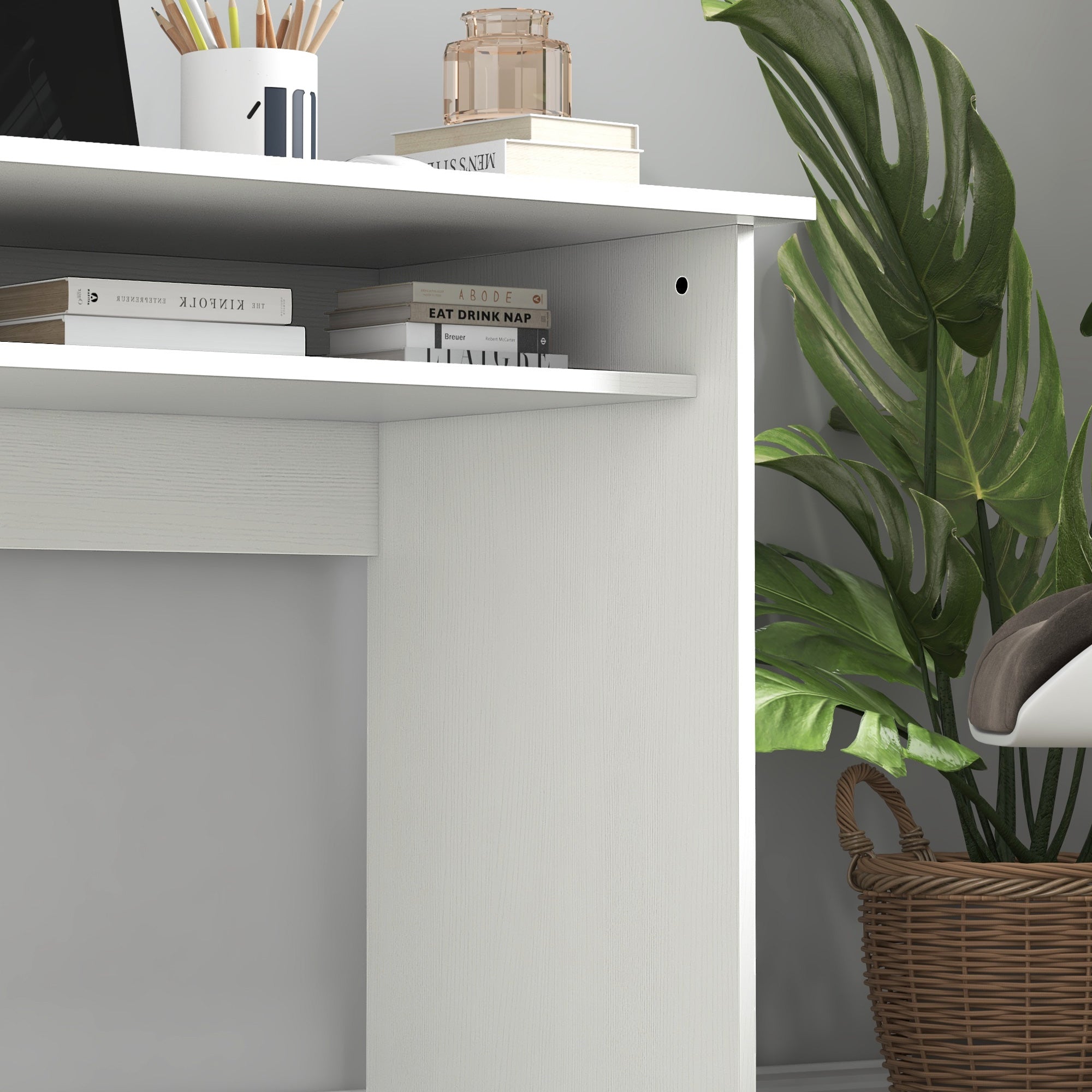 HOMCOM Modern Computer Desk, Home Office Table, Small Writing Desk with Storage Shelf, 90 x 50cm, White Wood Grain - North Peak Garden Furniture