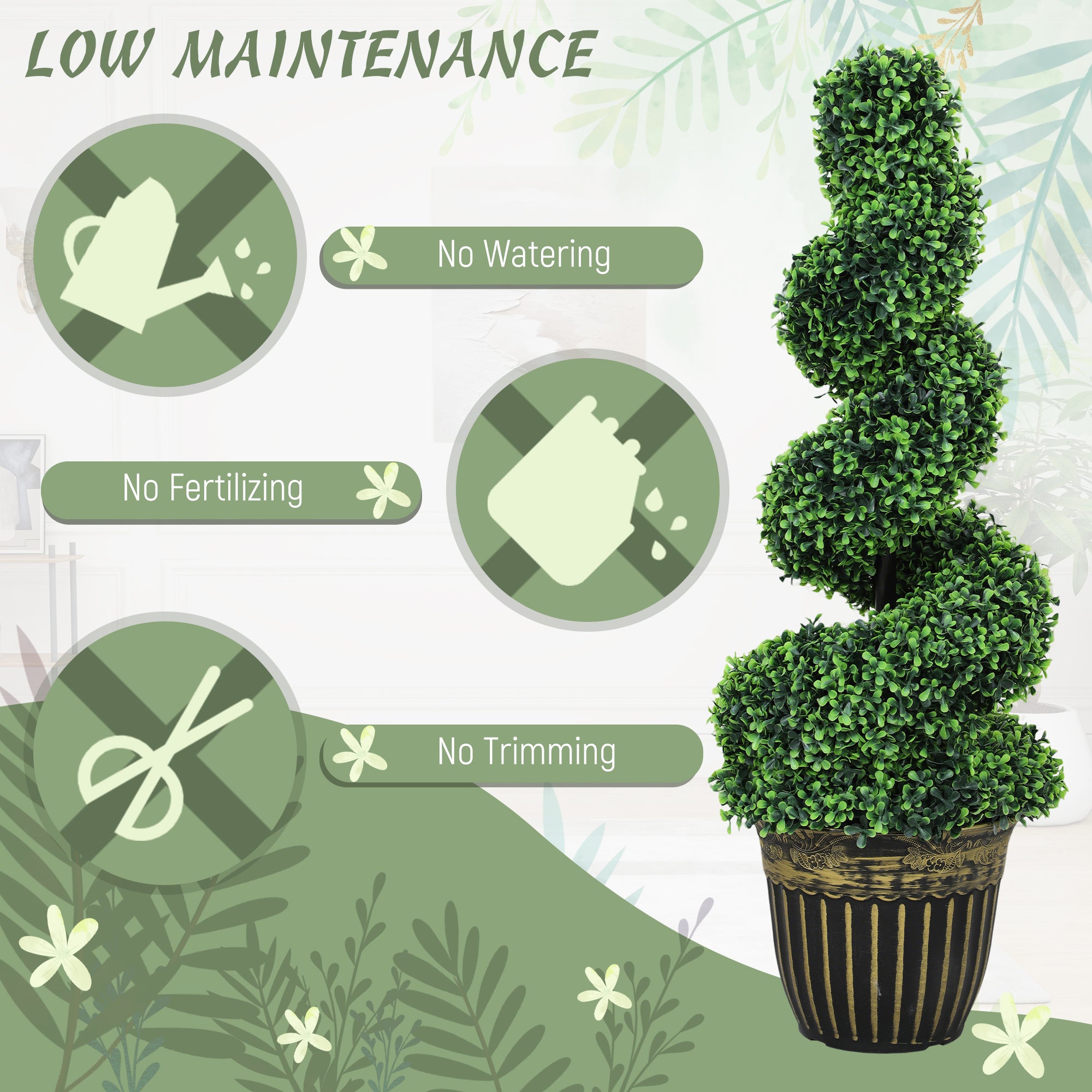 HOMCOM Set of 2 Artificial Plants, Topiary Spiral Boxwood Trees with Pot, for Home Indoor Outdoor Decor, 90cm
