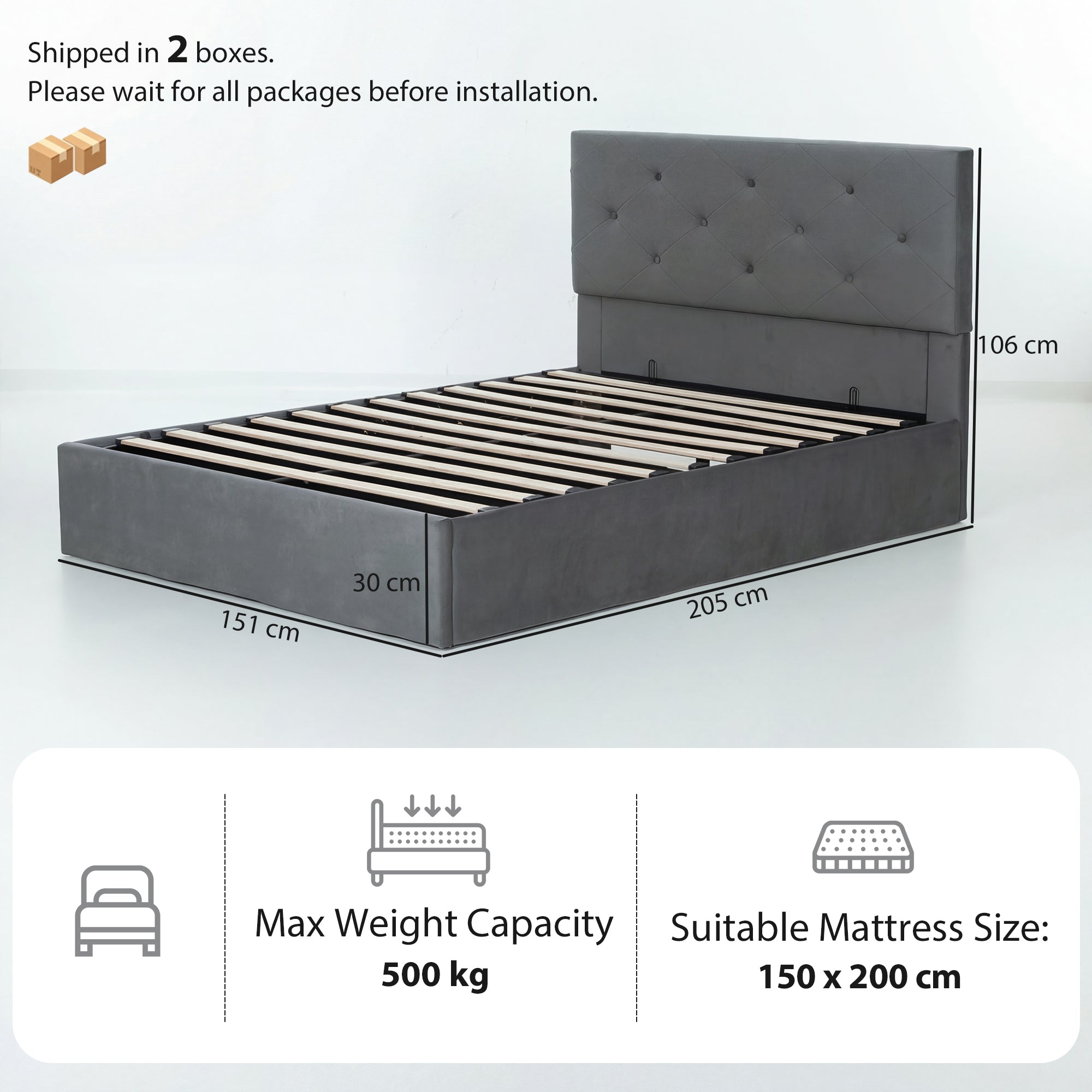 HOMCOM King Size Bed Frame Gas Side Lift Under Bed Storage Upholstered Platform Bed Tufted Headboard for 150 x 200 cm Mattress
