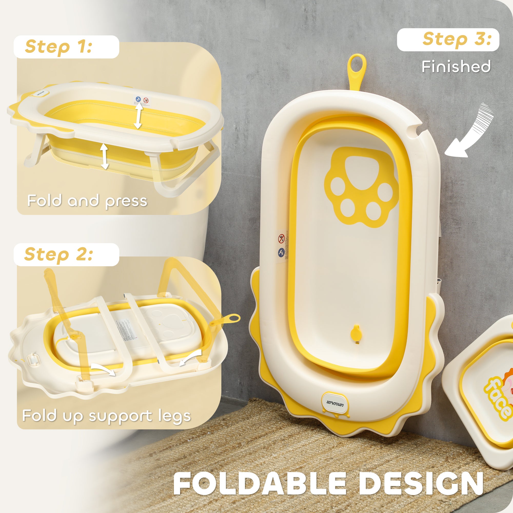 AIYAPLAY Foldable Baby Bath Tub Set with Bath Cushion, Wash Basin, Non-slip Stand & Bottom, Yellow - North Peak Garden Furniture