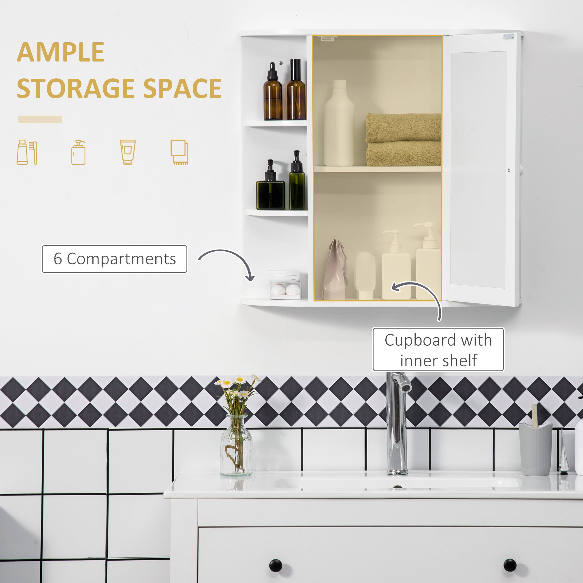 HOMCOM Wall Mounted Bathroom Cabinet with Mirror Single Door Storage Organizer 2-tier Inner Shelves White - North Peak Garden Furniture