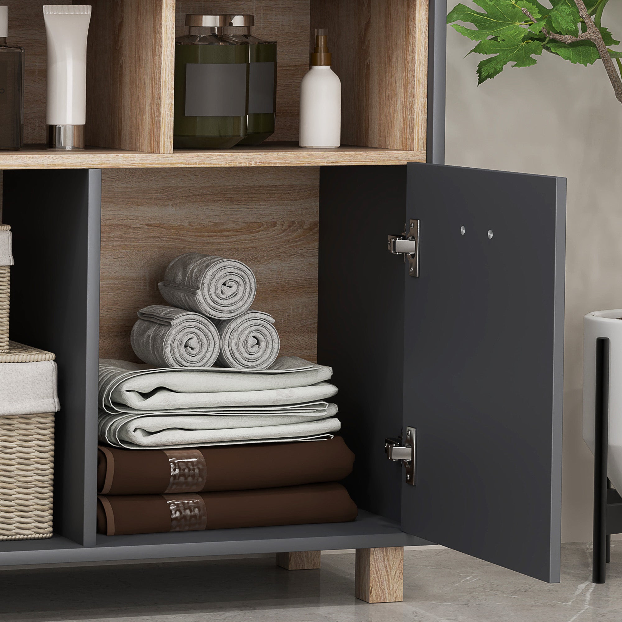 HOMCOM Freestanding Bathroom Cabinet, Bathroom Storage Unit, Bathroom Storage Cabinet with Open Compartments and Double Doors - North Peak Garden Furniture