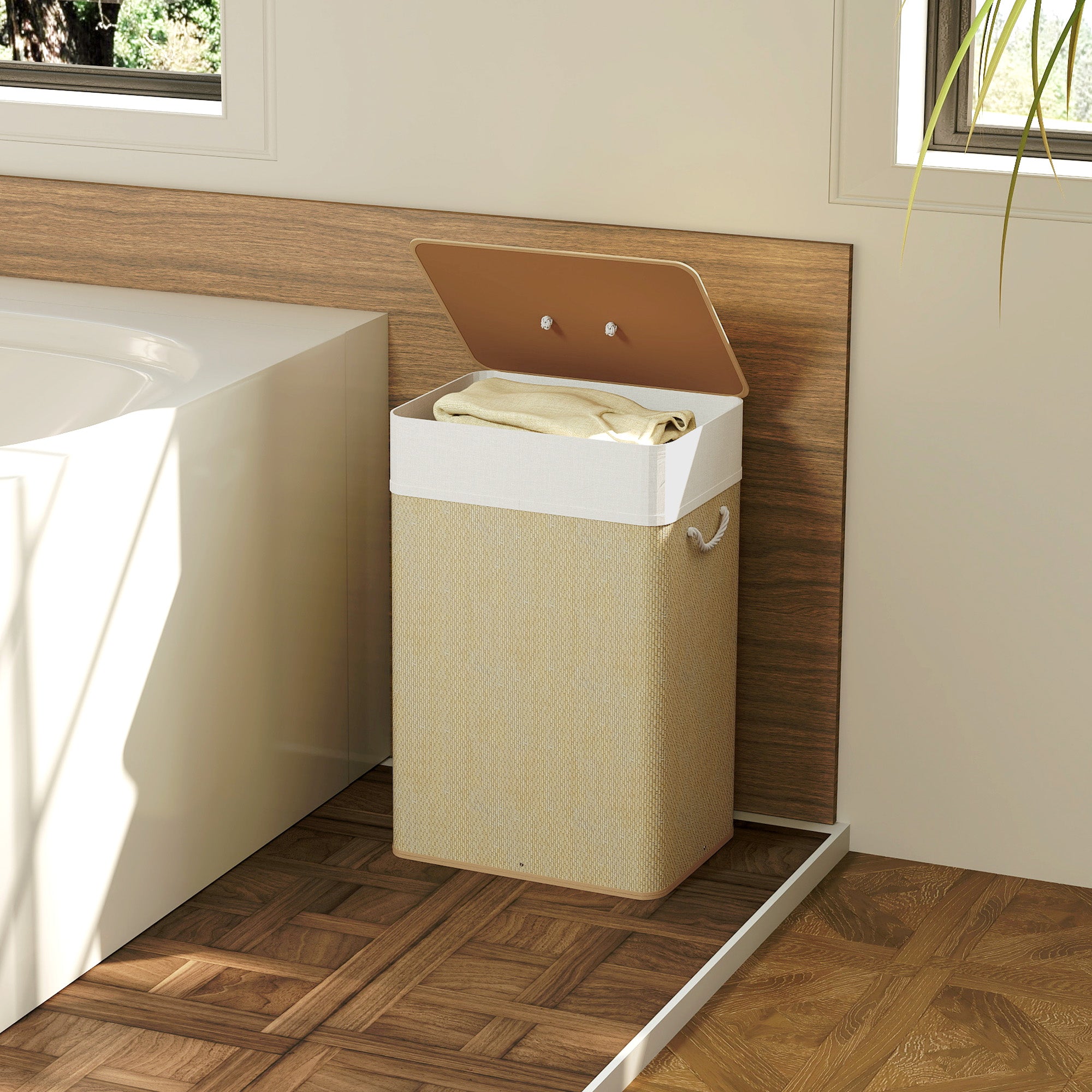 HOMCOM Bamboo Laundry Basket with Lid, 72L Laundry Hamper with Rope Handles, Washing Basket with Removable Washable Liner Bag for Bathroom, Bedroom, Nature Wood Finish - North Peak Garden Furniture
