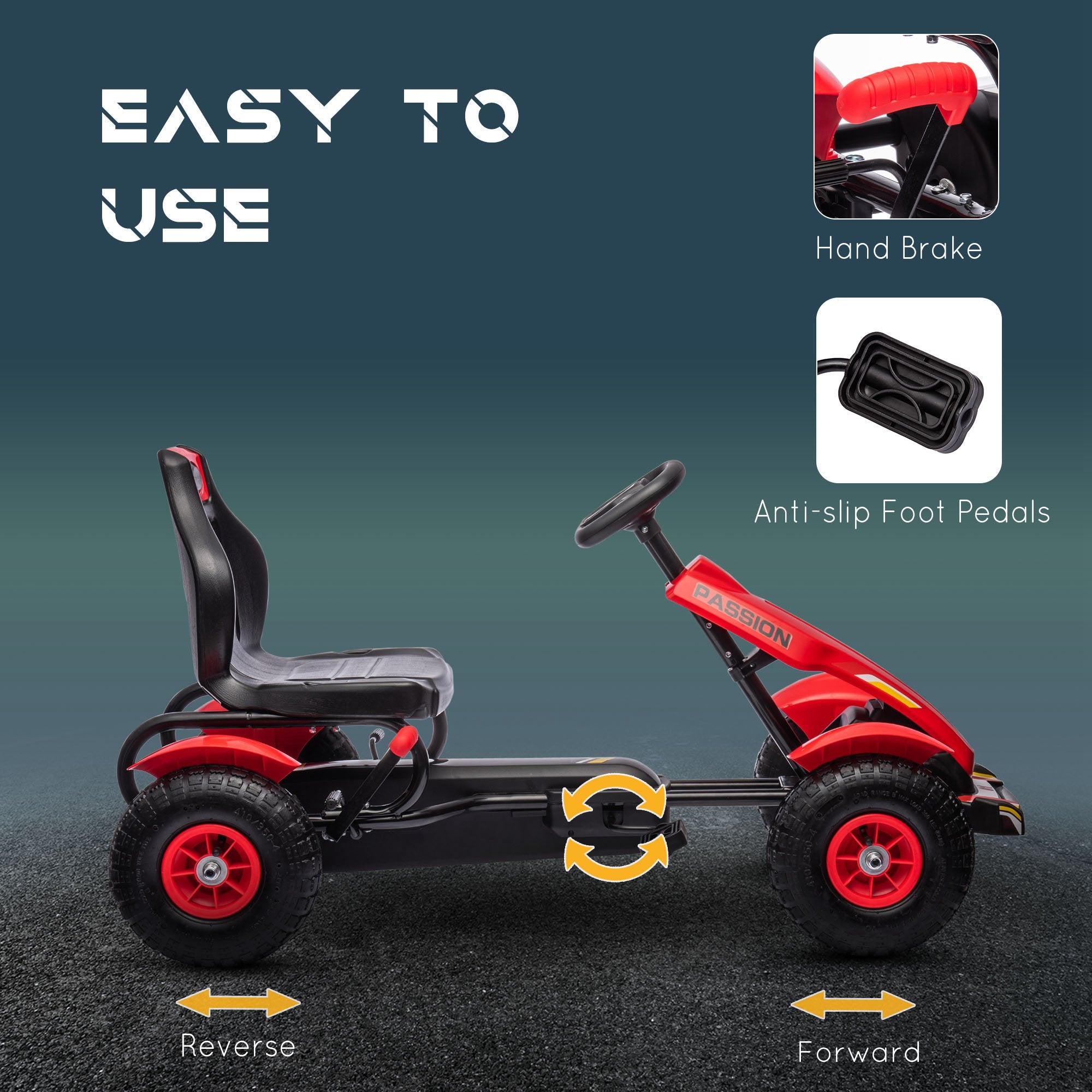 HOMCOM Children Pedal Go Kart, Kids Ride On Racer with Adjustable Seat, Inflatable Rubber Tyres, Handbrake, for Ages 5-12 Years - Red - North Peak Garden Furniture