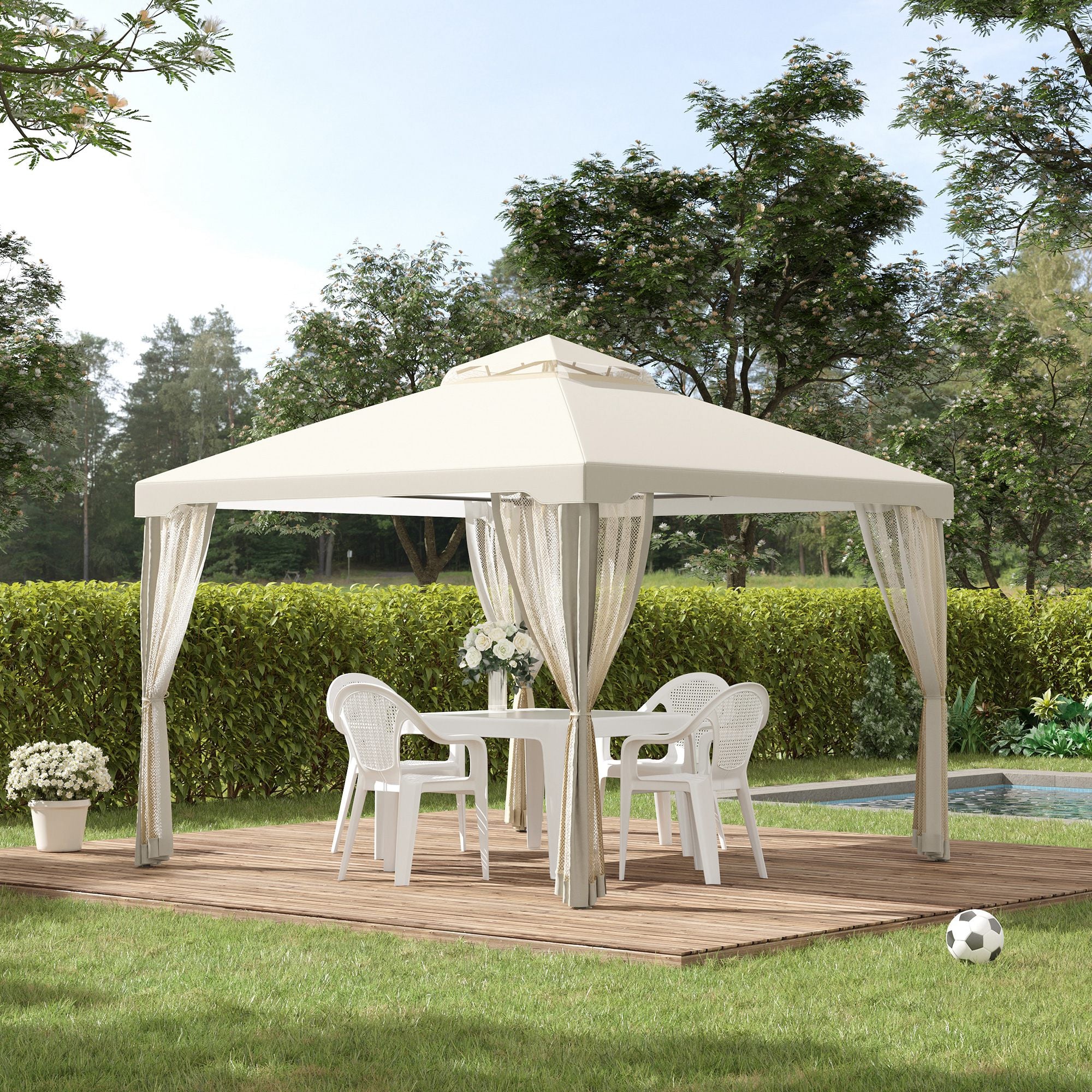 Outsunny 3 x 3 m Metal Gazebo, Garden Pavillion, Double Roof Outdoor Canopy Shelter with Mesh Sidewalls, Cream White - North Peak Garden Furniture