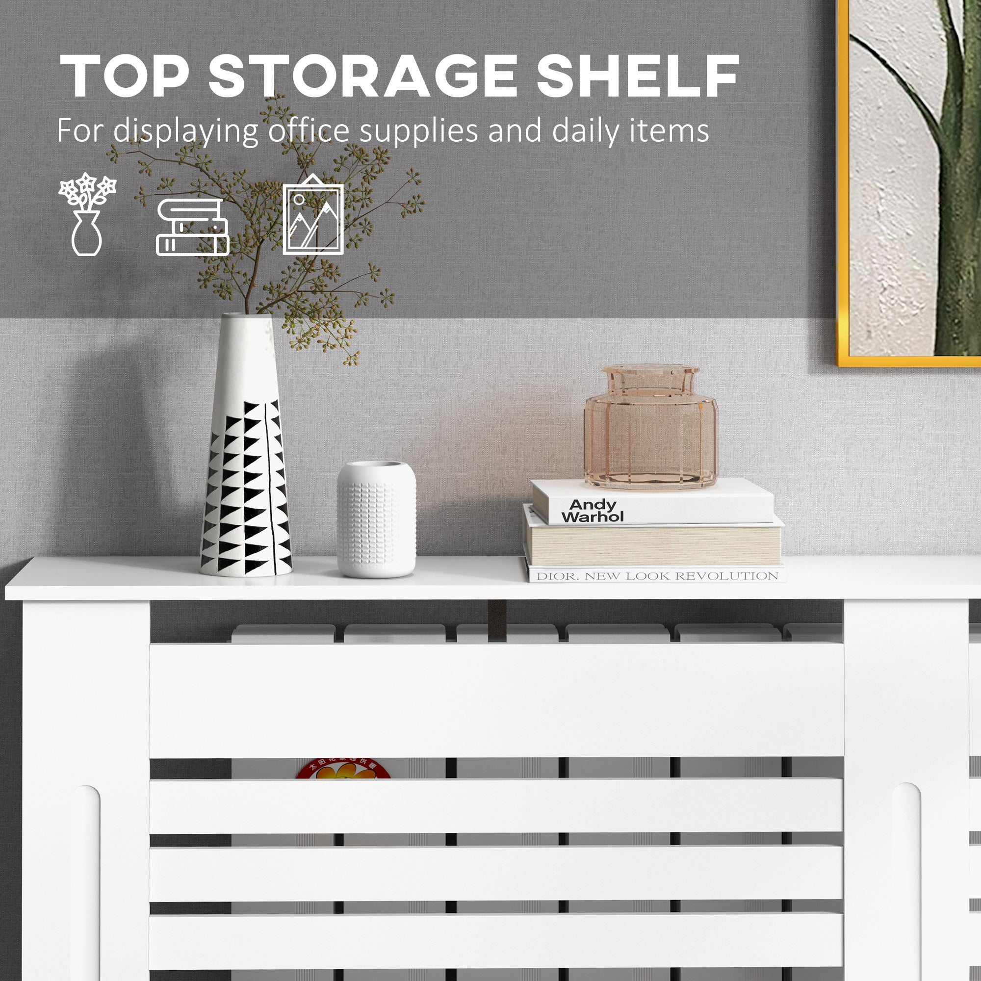 HOMCOM Radiator Cover, Modern MDF White Painted Cabinet with Horizontal Slats for Living Room, Bedroom, 152L x 19W x 81H cm - North Peak Garden Furniture