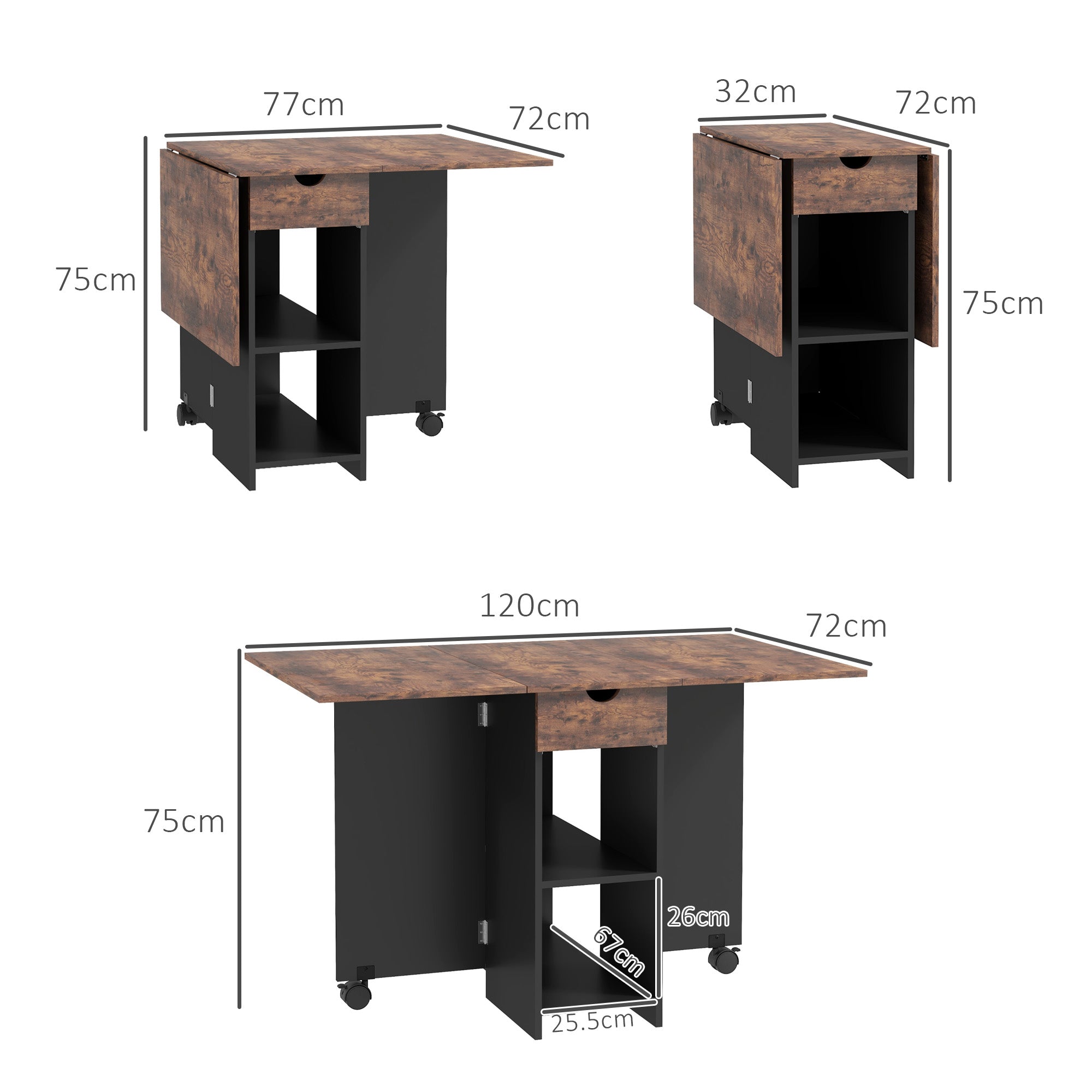 HOMCOM Folding Dining Table, Drop Leaf Table for Small Spaces, Foldable Table with Drawer and Storage Shelves for Kitchen, Dining Room, Rustic Brown - North Peak Garden Furniture