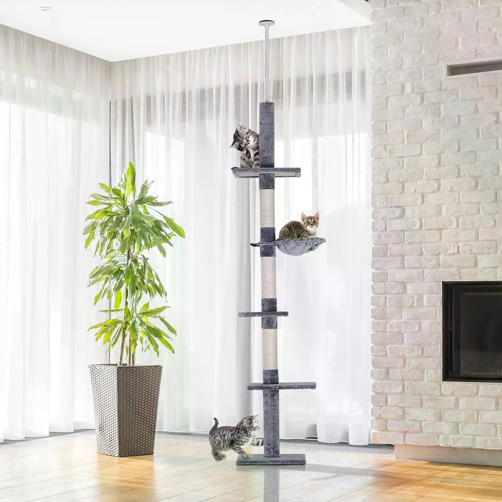 PawHut Floor to Ceiling Cat Tree for Indoor Cats 5-Tier Kitty Tower Climbing Activity Center Scratching Post Adjustable Height 230-260 cm Grey