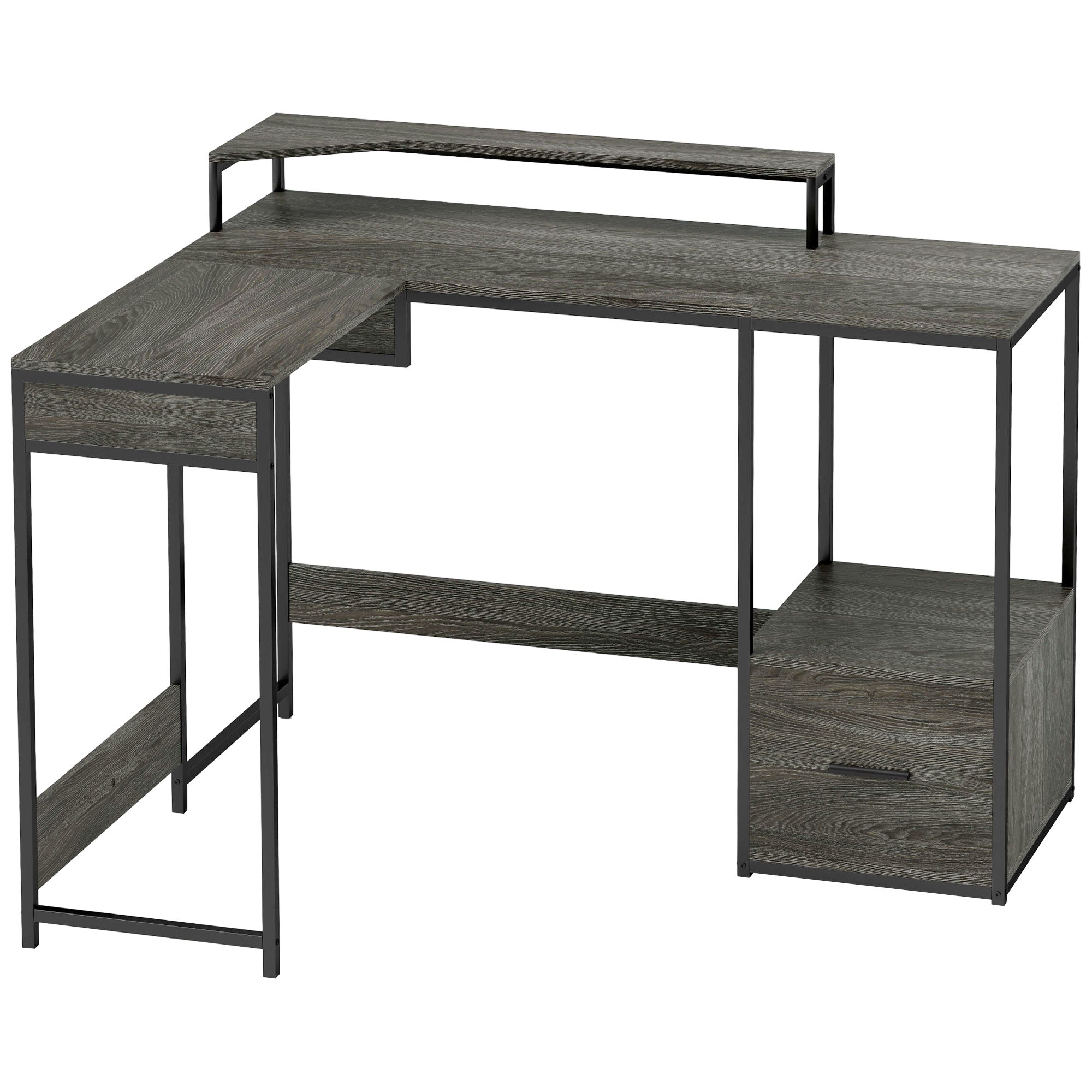 HOMCOM L Shaped Desk, Computer Desk with Liftable Desktop, Industrial Corner Desk with Drawer for A4/Letter Size, Home Office Desk with Monitor Stand for Home Office, Charcoal Grey - North Peak Garden Furniture