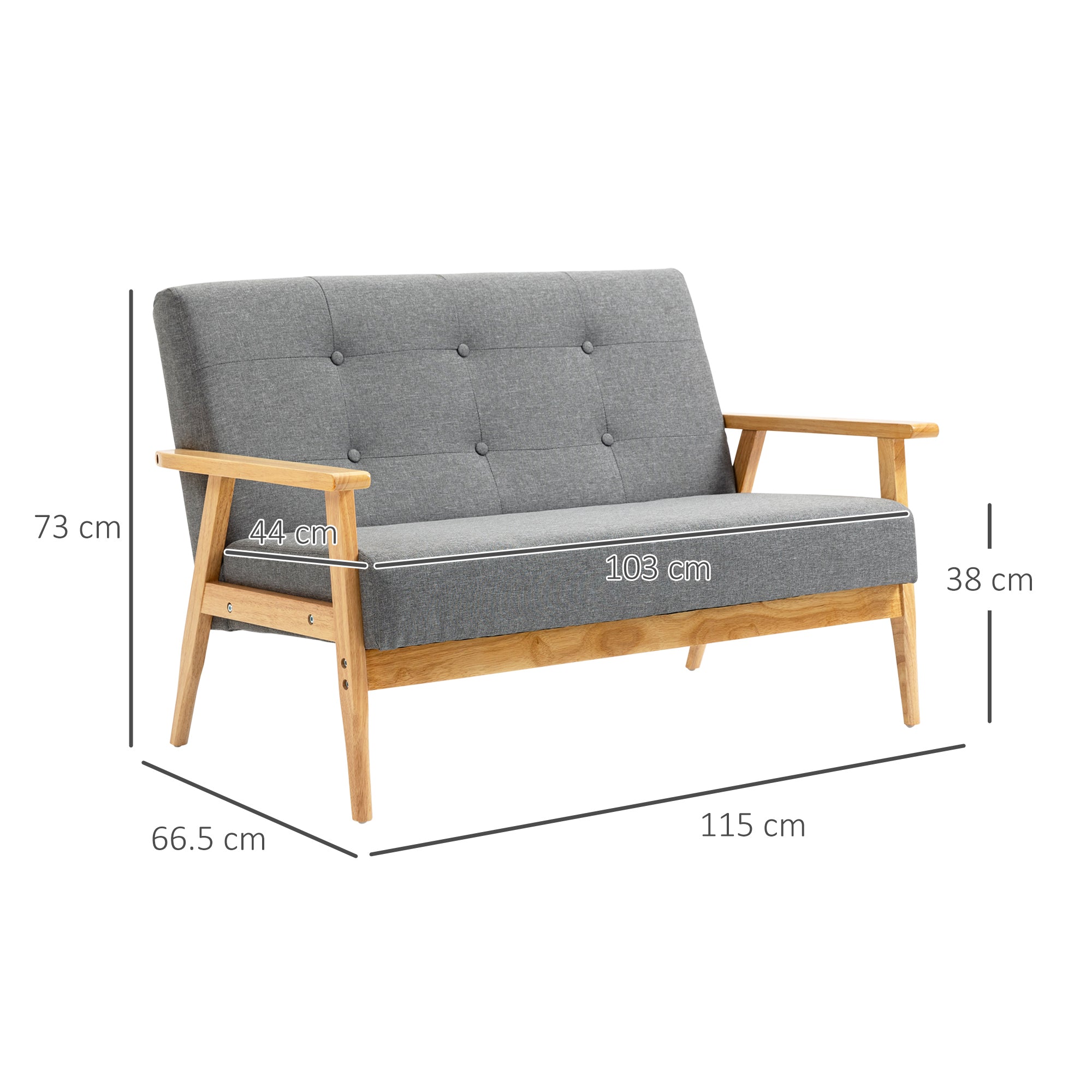 HOMCOM Modern 2 Seater Sofa Linen Fabric Upholstery Tufted Couch with Rubberwood Legs Dark Grey - North Peak Garden Furniture