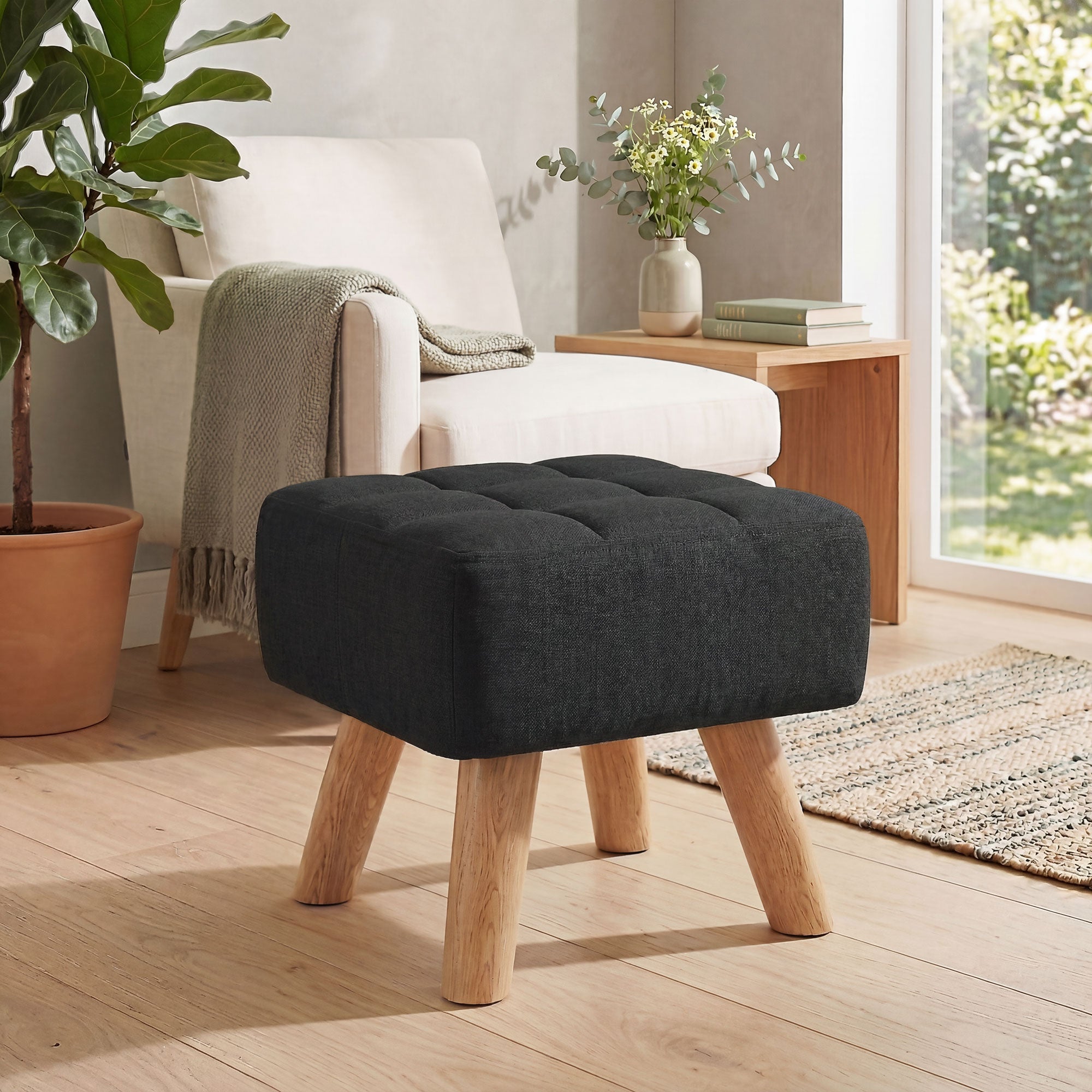 HOMCOM Linen-Look Square Padded Footstool - Black