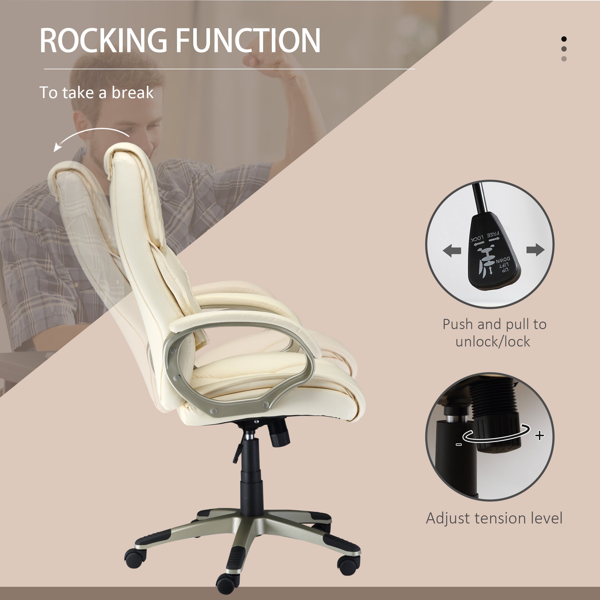 HOMCOM Home Office Chair High Back Computer Desk Chair with Faux Leather Adjustable Height Rocking Function Cream White - North Peak Garden Furniture