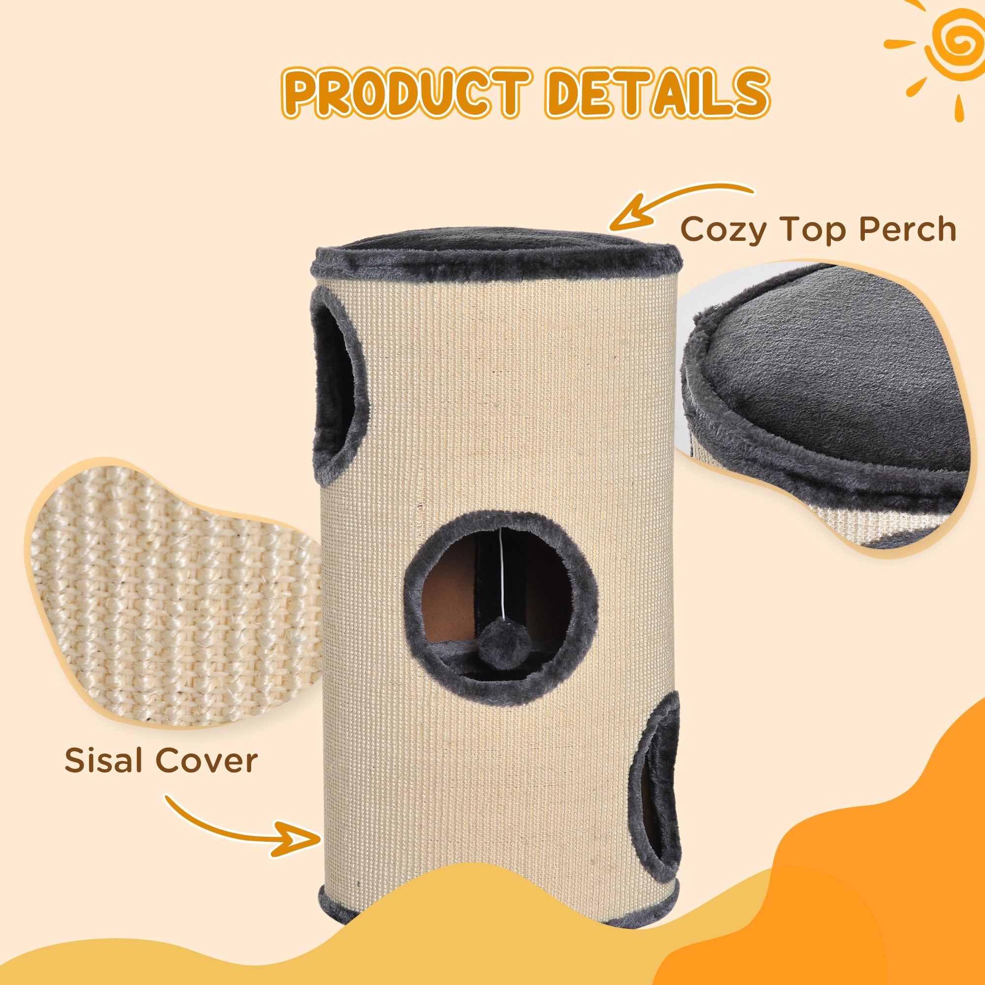 PawHut Cat Tree, Plush, Ф38x70H cm-Beige/Grey