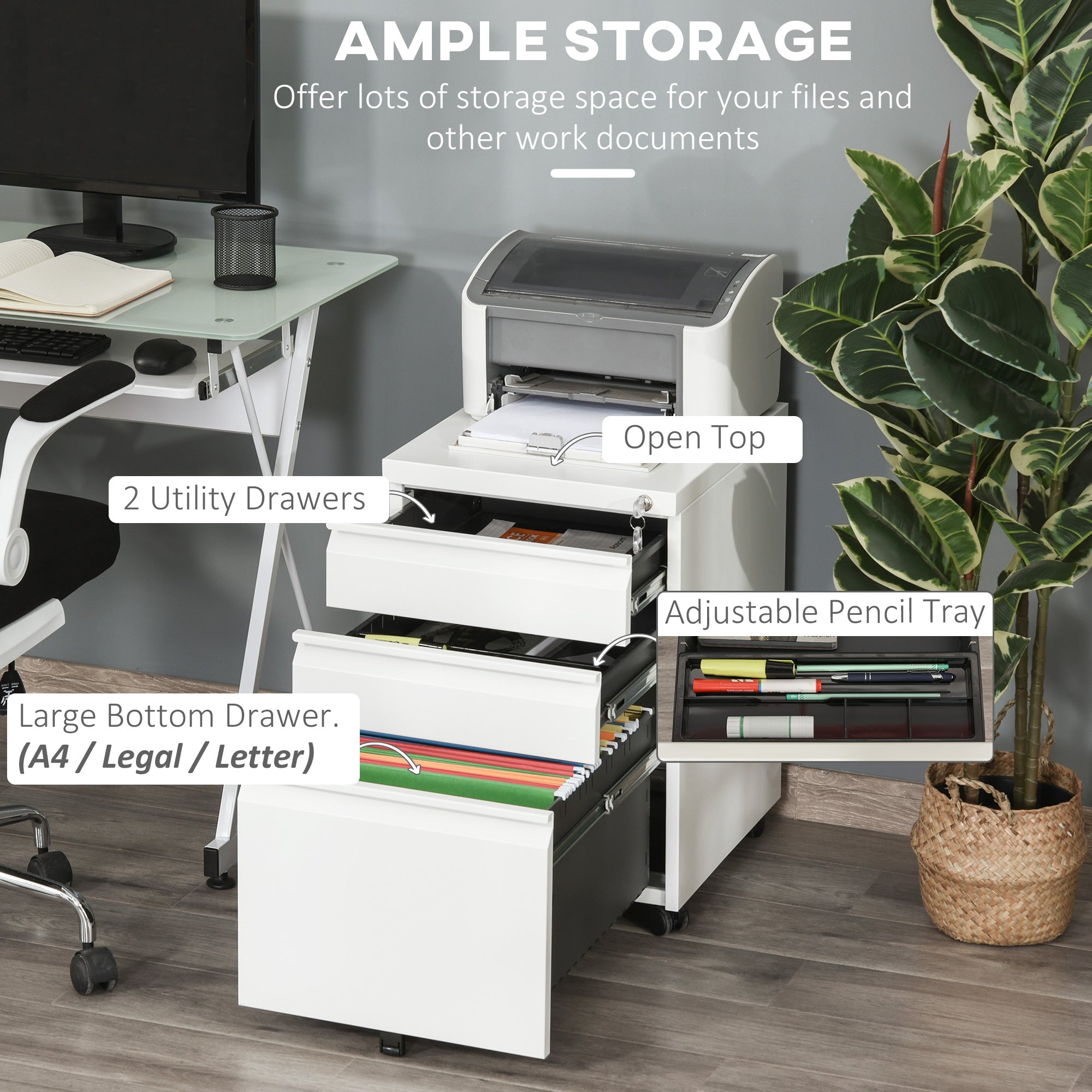 Vinsetto 3 Drawer Filling Cabinet, Mobile Metal File Cabinet with Anti-tilt Design for Letter, A4, Legal Size, White - North Peak Garden Furniture