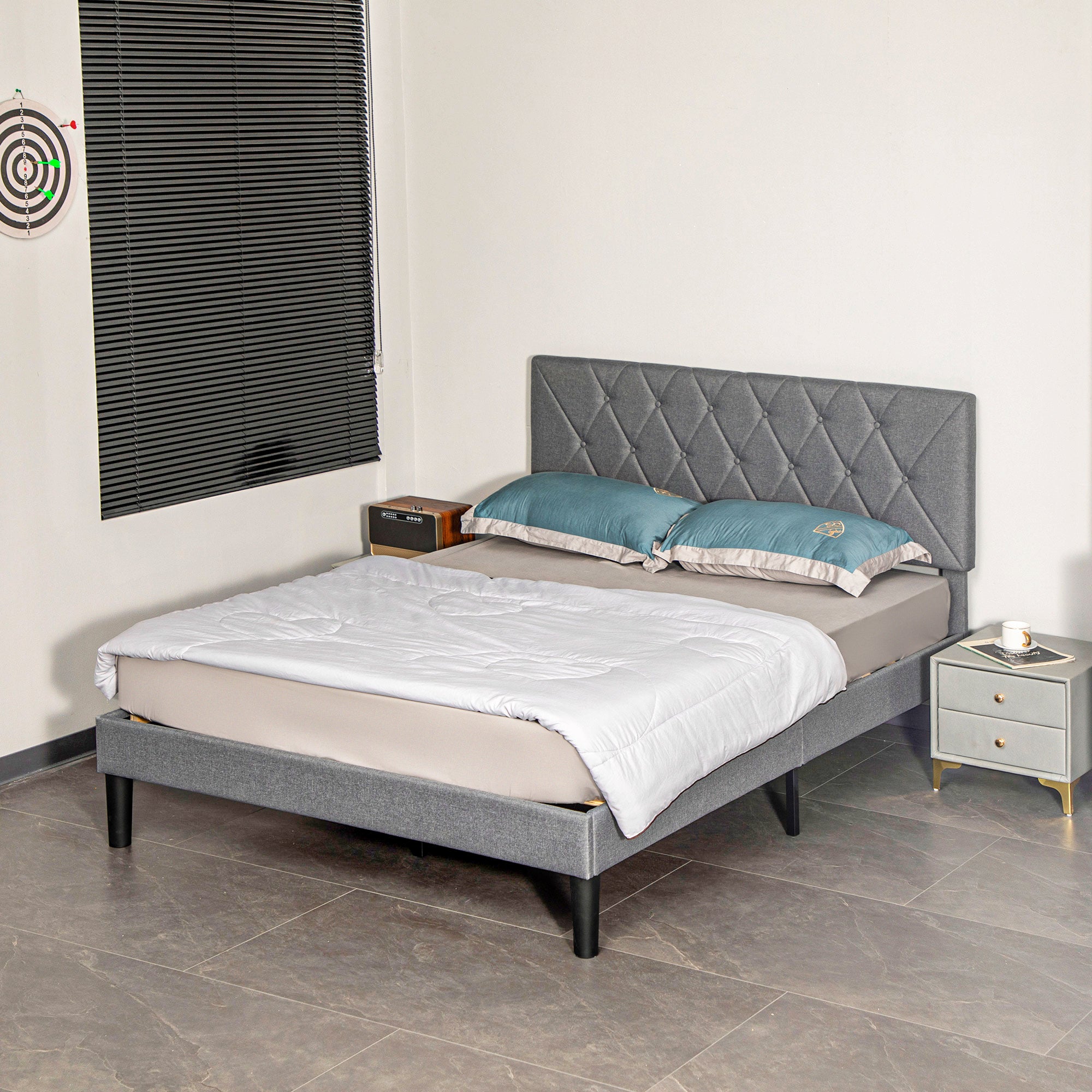 HOMCOM Double Bed Frame with 5-Level Adjustable Linen Upholstered Headboard, Wooden Slats Mattress Foundation, No Box Spring Needed, Grey - North Peak Garden Furniture