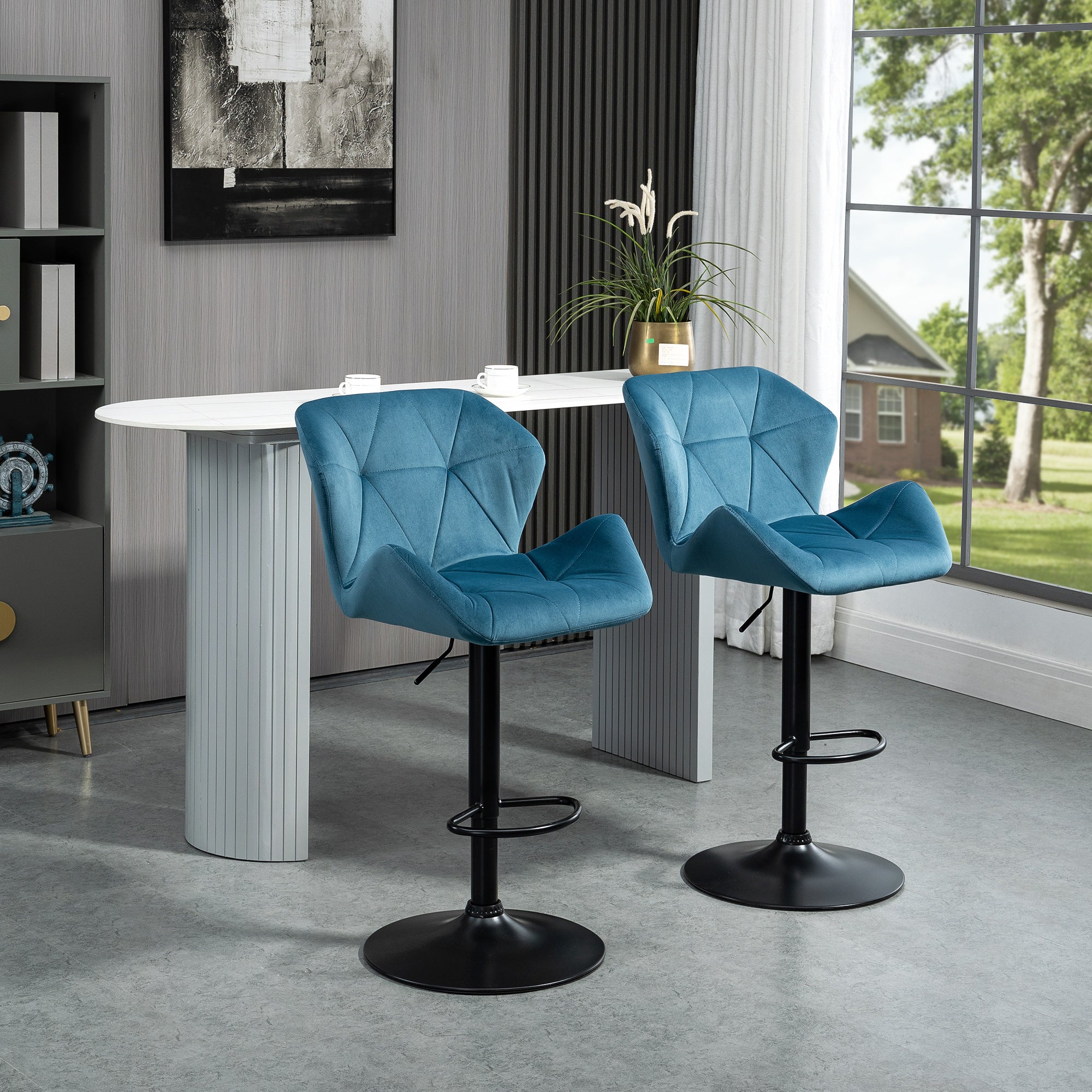 HOMCOM Bar Stools Set Of 2, Luxurious Velvet-Touch Barstools with Metal Frame Footrest Round Base Triangle Indenting Moulded Seat Adjustable Height Swivel Blue - North Peak Garden Furniture