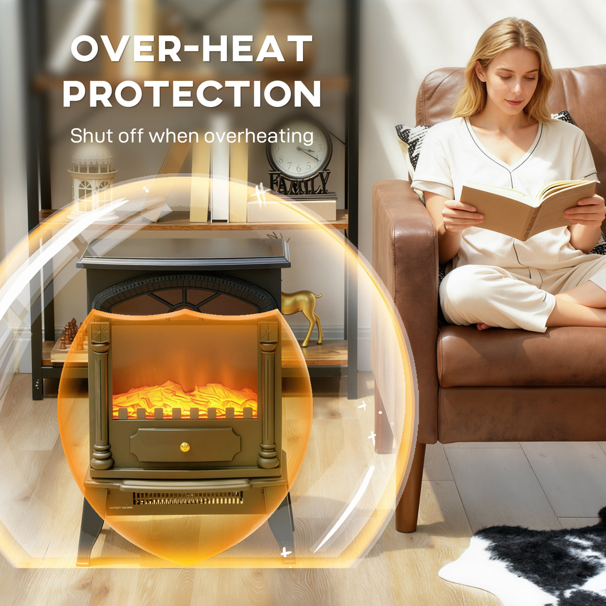 HOMCOM Electric Fireplace Stove Heater with 3D Flame Effect, 2000W/1000W, Freestanding Portable Fireplace with Adjustable Thermostat, 2 Heat Settings for Living Room, Black