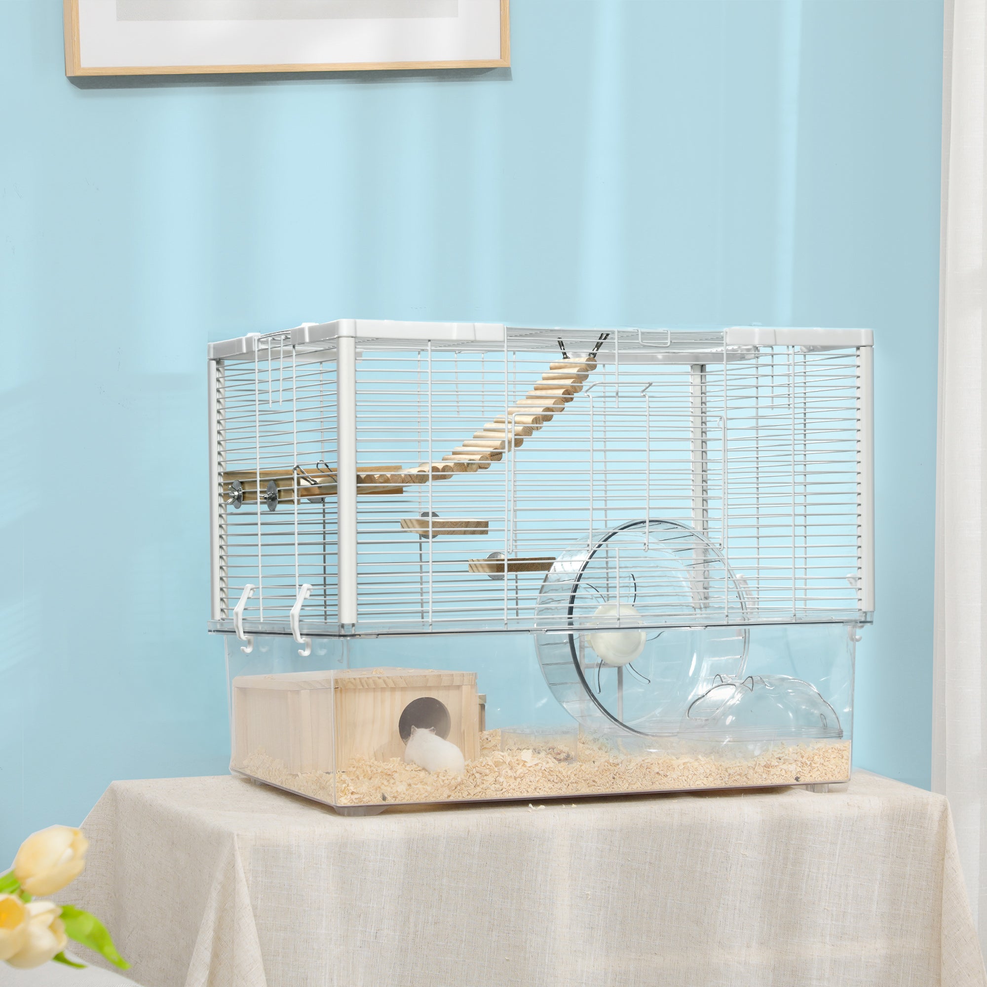 PawHut Hamster Cage, Gerbil Cage with Wooden Ramp, Exercise Wheel, Food Bowl - White - North Peak Garden Furniture