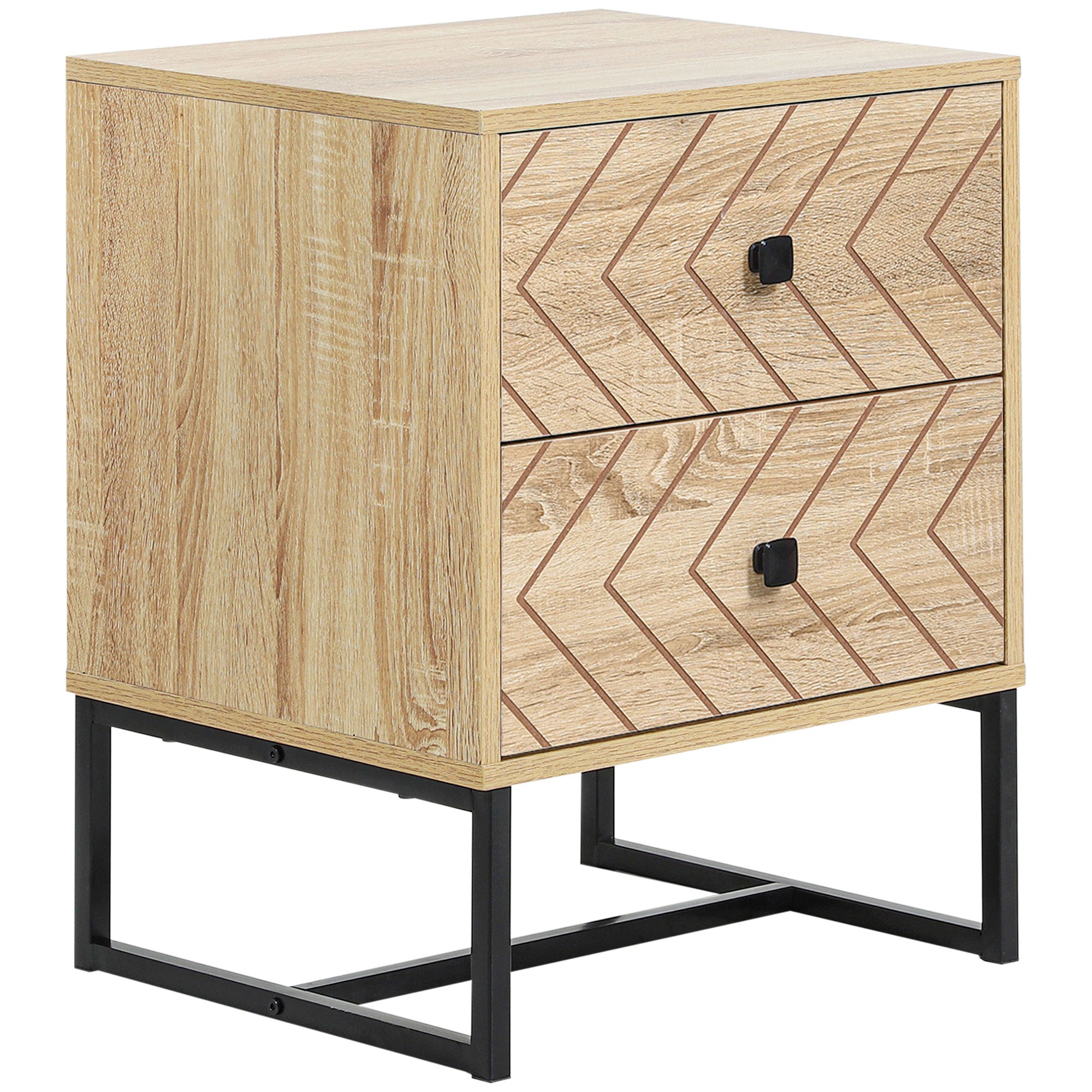 HOMCOM Bedside Table Nightstand Two-Drawer Bedroom Storage Unit Zig Zag Design with Black Metal Handles, Natural - North Peak Garden Furniture