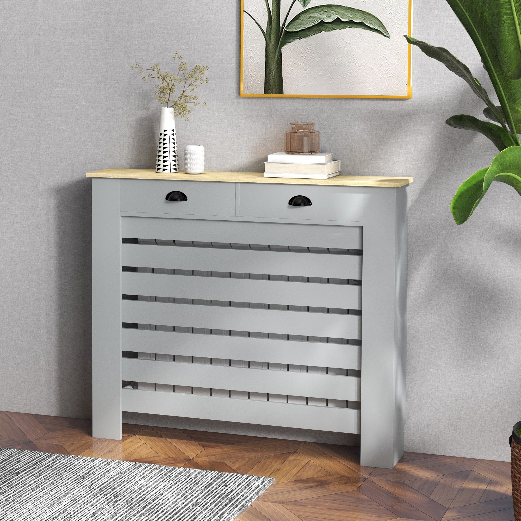 HOMCOM 95.5H x 111Wcm Radiator Cover, with Drawer - Grey - North Peak Garden Furniture