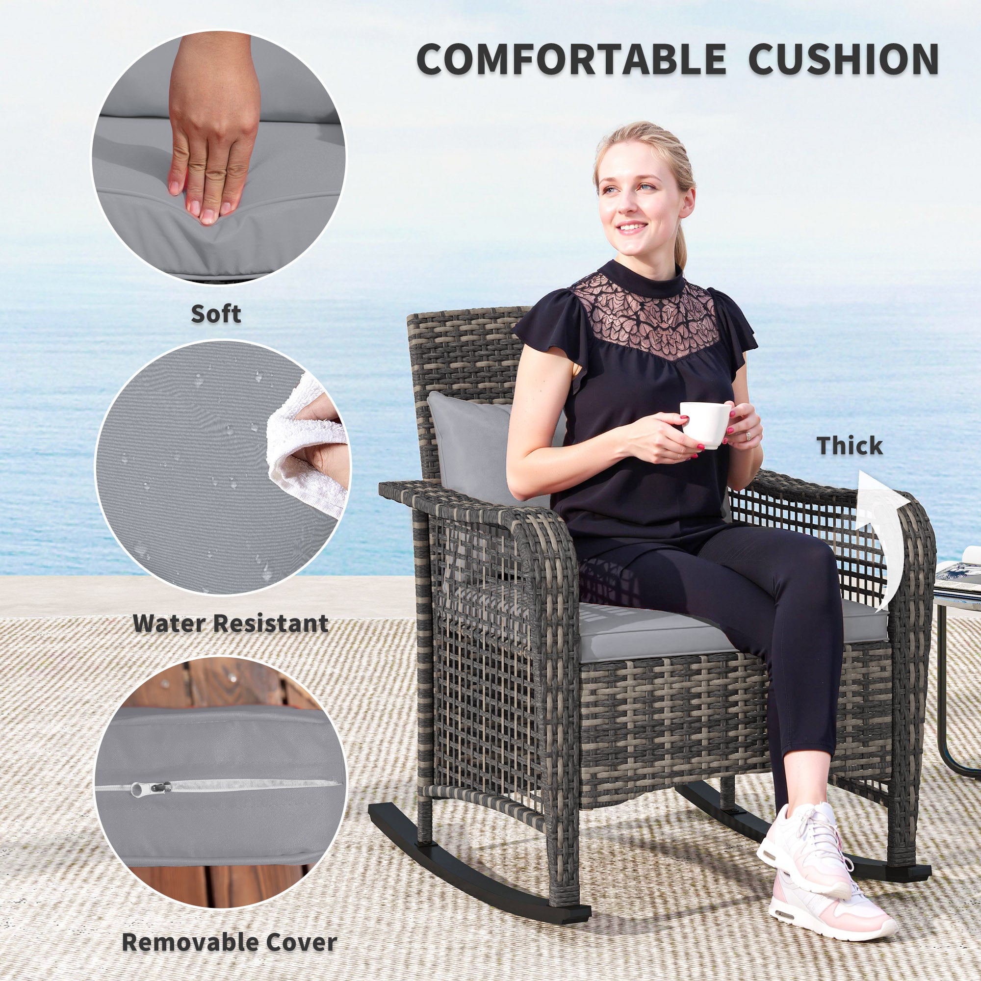 Outsunny Garden Rocking Chair, Outdoor Rattan Rocker Lounge Chair with Seat and Back Cushions, Patio Armchair Seat with All-weather Wicker, Steel Frame for Porch Balcony, Light Grey - North Peak Garden Furniture