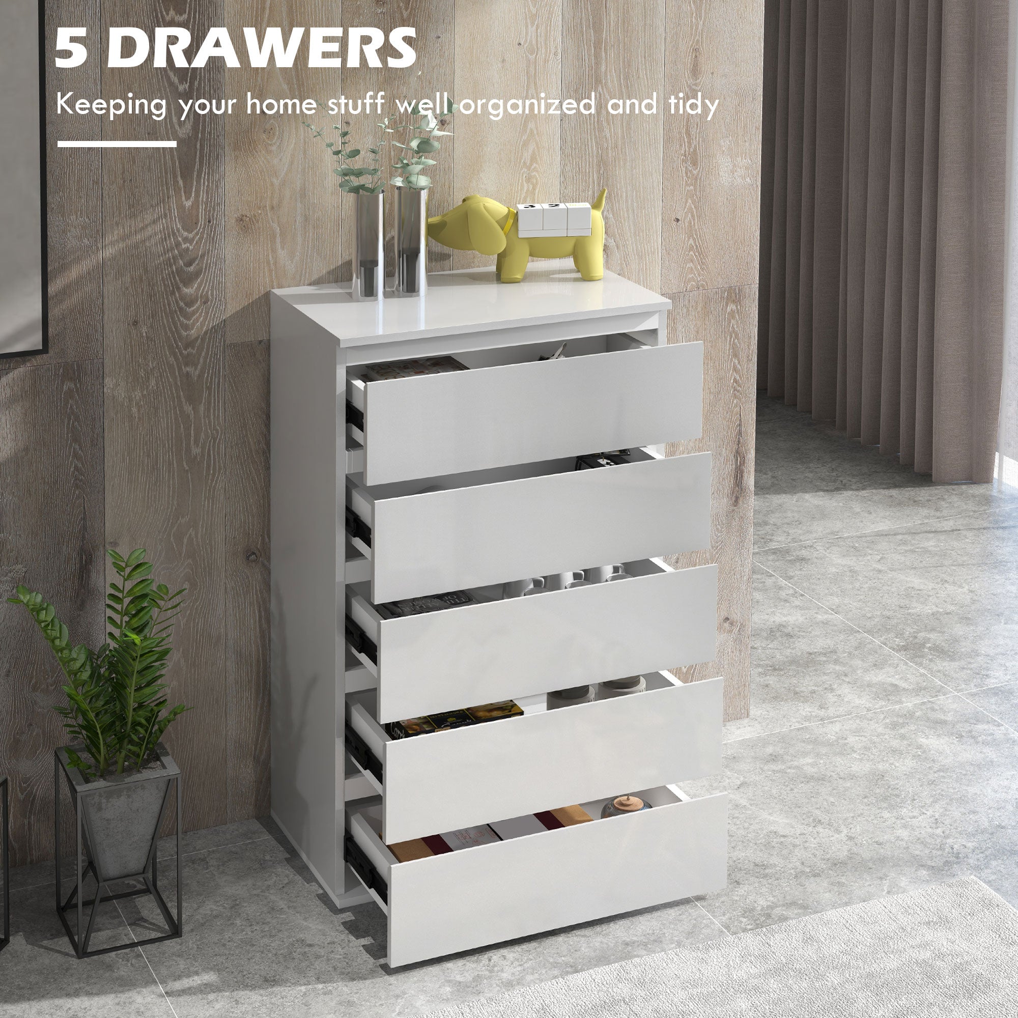 HOMCOM High Gloss Chest of Drawers, 5-Drawer Storage Cabinets, Modern Dresser, Storage Drawer Unit for Bedroom - North Peak Garden Furniture