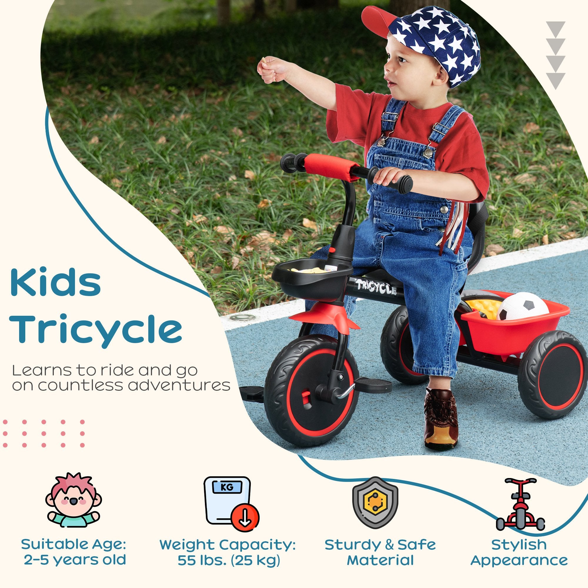 AIYAPLAY Kids Trike for 2-5 Years with Adjustable Seat, Pedal, Baskets, Red - North Peak Garden Furniture