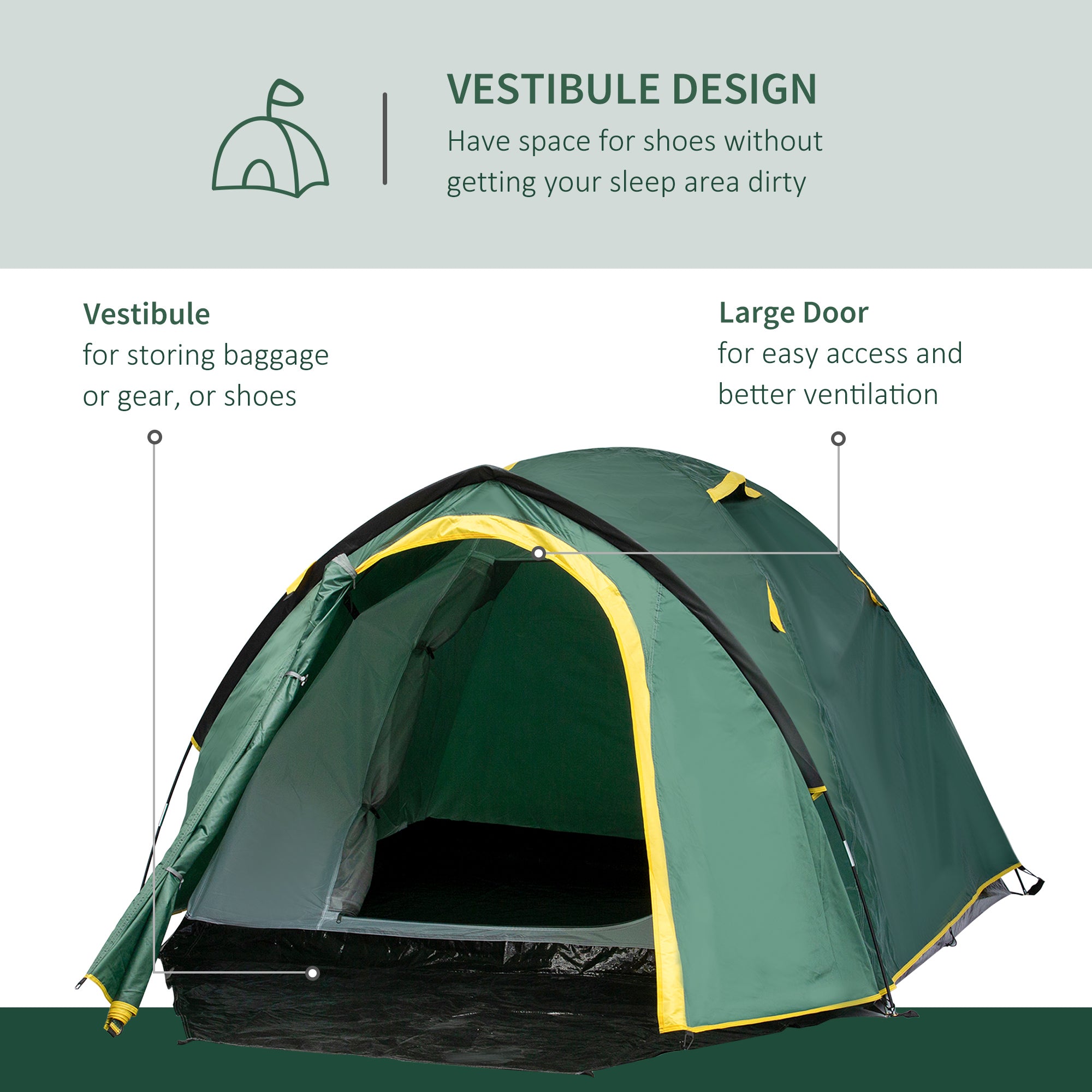 Outsunny Dome Tent for 2 Person Camping Tent with Large Windows, Waterproof Green and Yellow - North Peak Garden Furniture