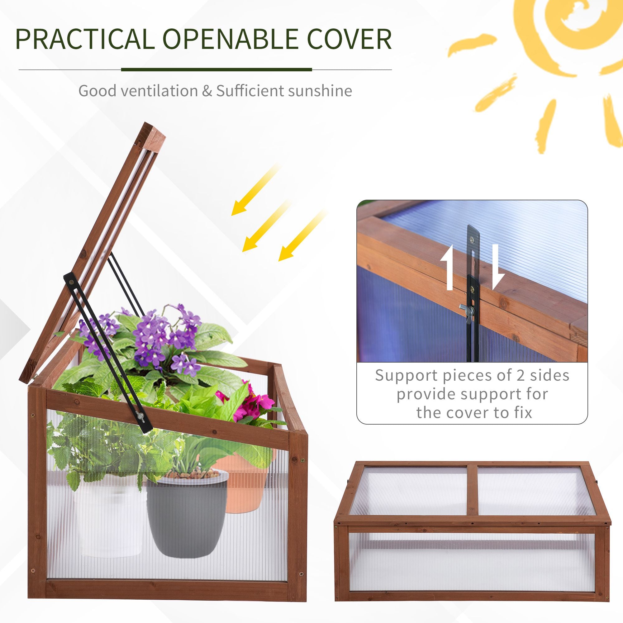 Outsunny Wooden Cold Frame, Small Polycarbonate Greenhouse for Plants with Openable & Tilted Top Cover, Brown, 100 x 65 x 40cm - North Peak Garden Furniture