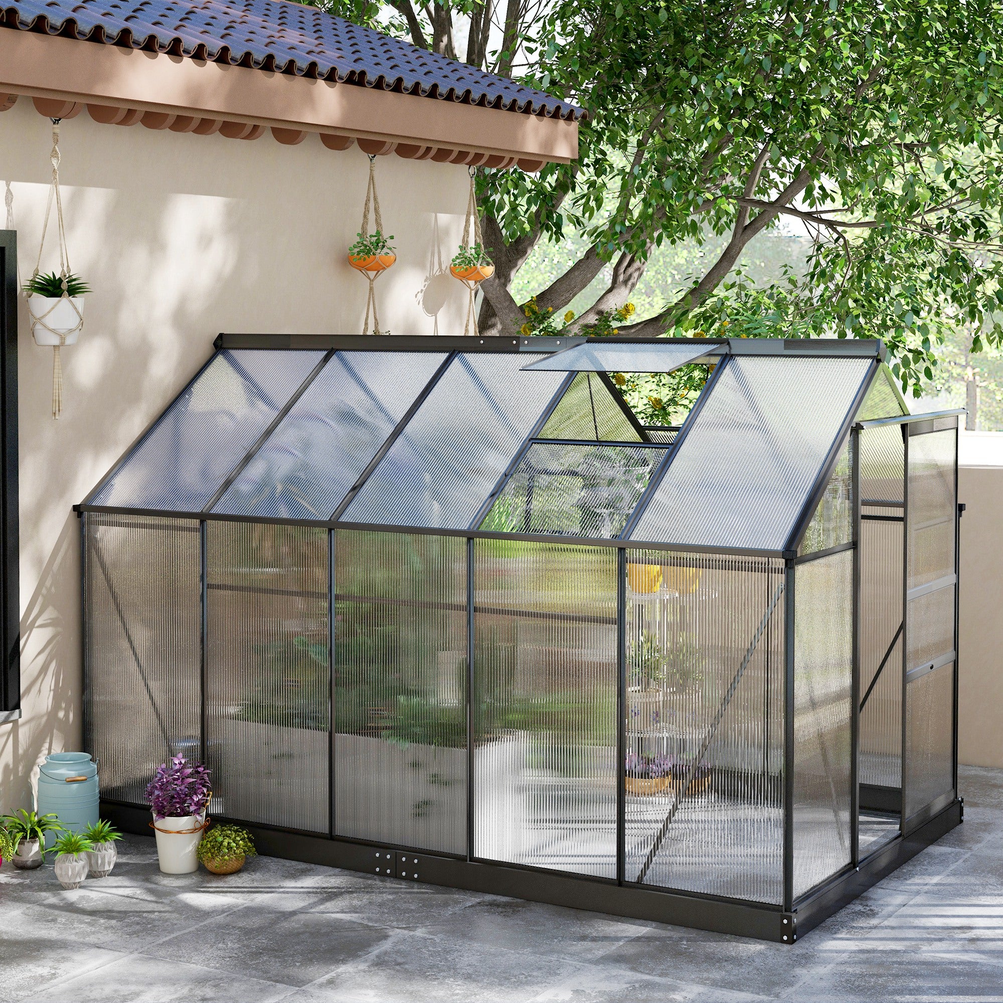 Outsunny Large Walk-In Greenhouse, Polycarbonate with Galvanised Base, 6 x 10ft, Aluminium Frame