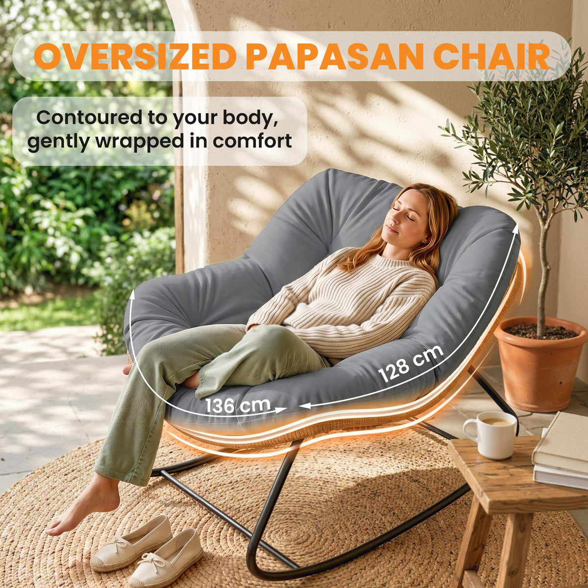 Outsunny Indoor Outdoor Rocking Chair, Oversized Rocking Egg Chair with Cushion for Living Room, Garden, Patio, Grey